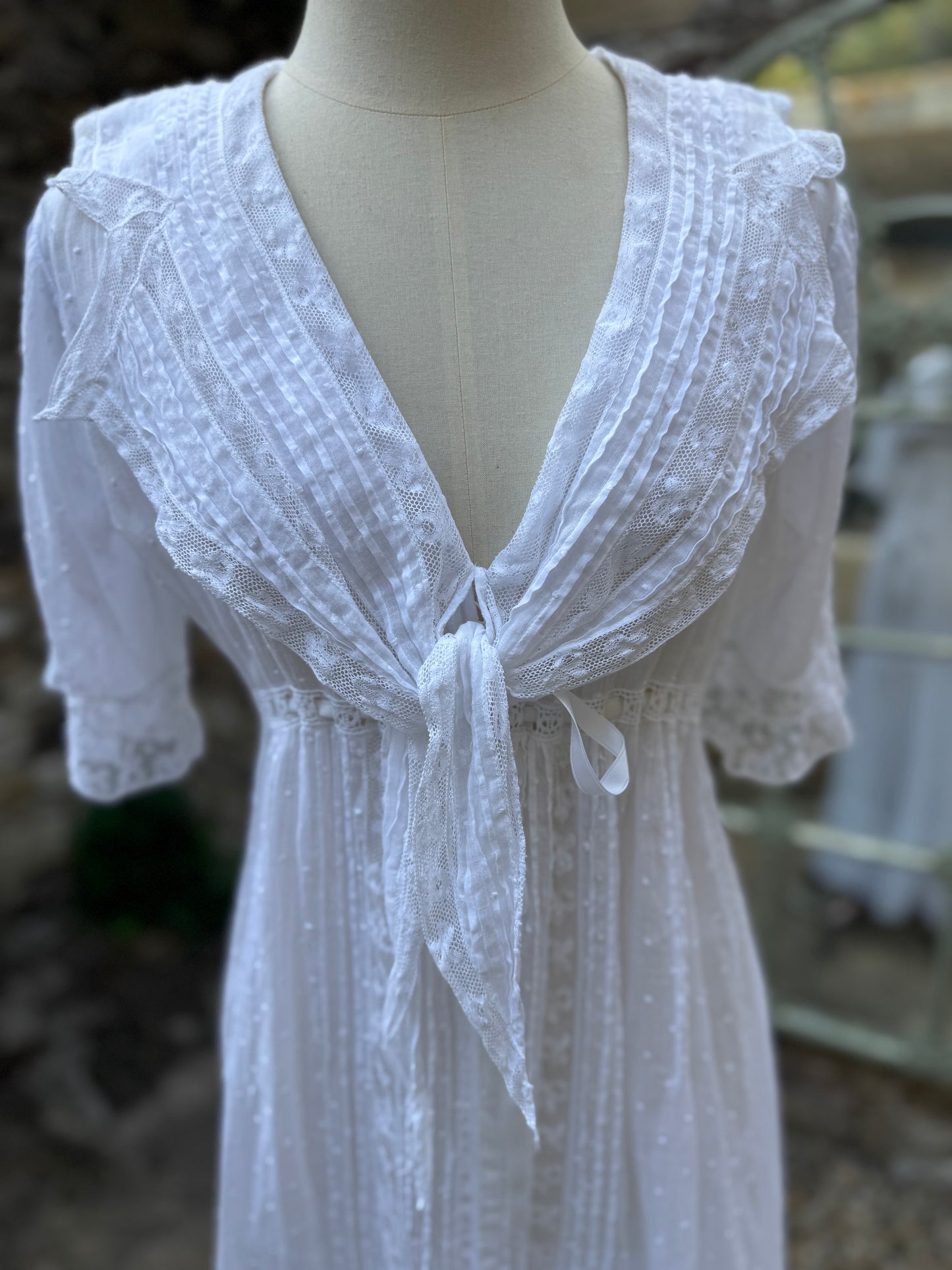 White Cotton Edwardian Lawn Gown with Lace Detail