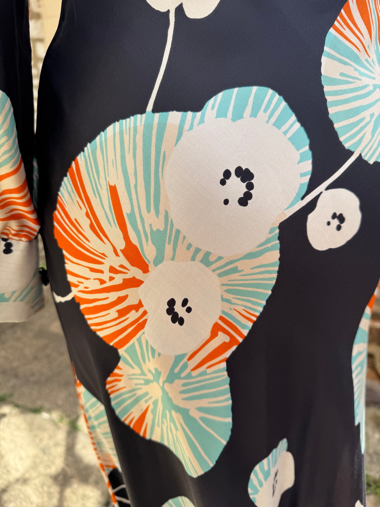 Black Silk Poppy 1960s Maxi Dress