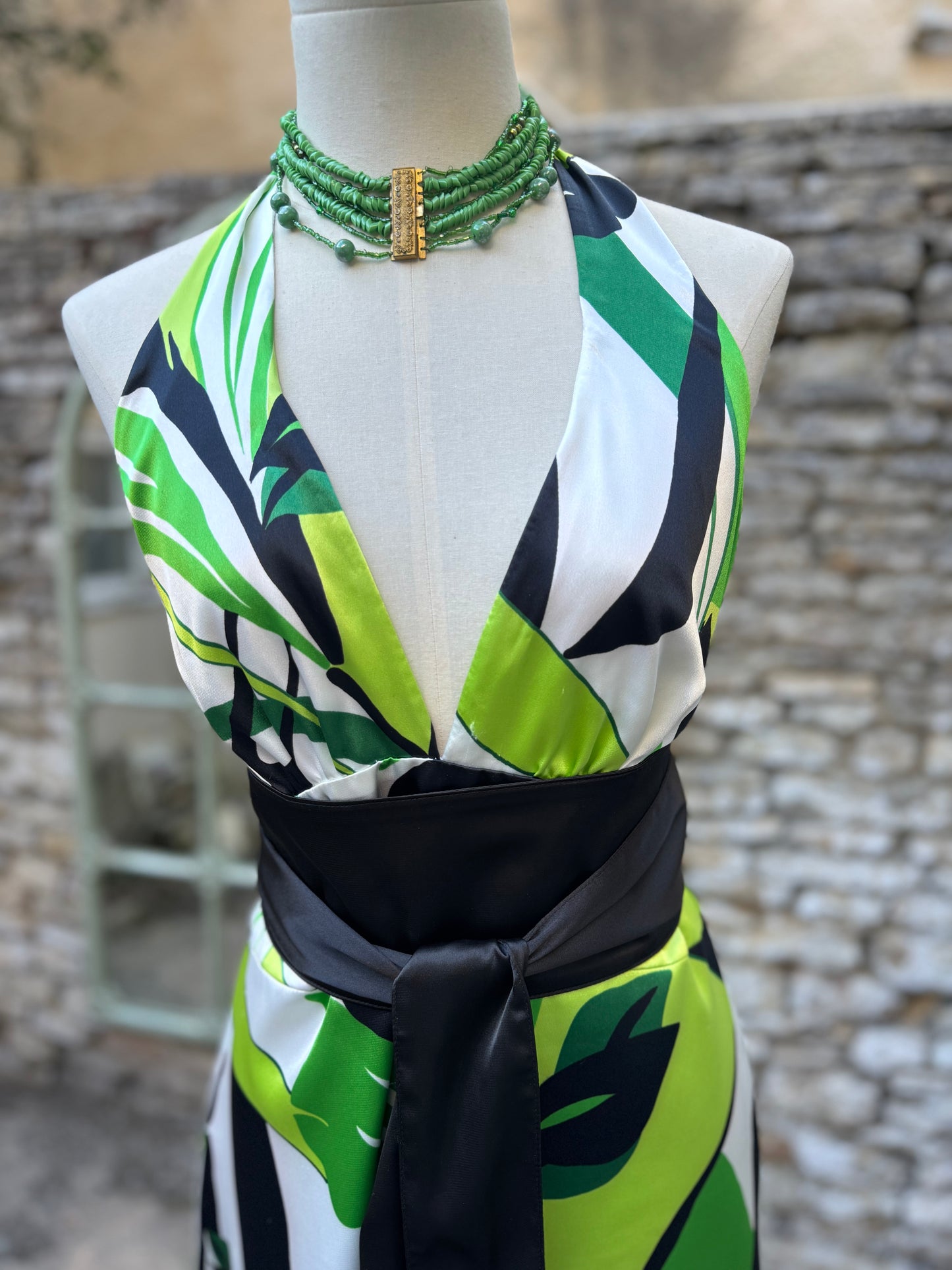 Black White Green Halterneck Satin Vintage Dress