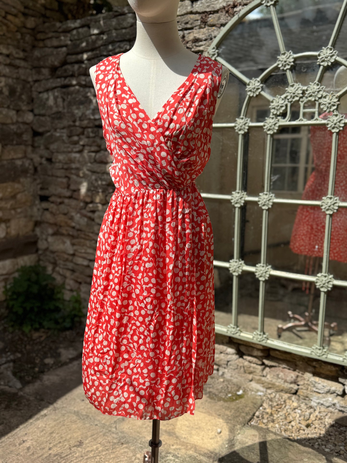 Silk Coral and White Polka Dot Wrap Dress