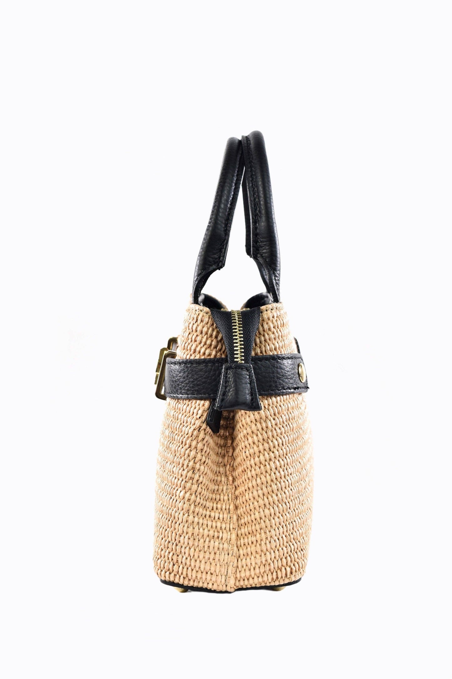 Shoulder Bag in Black Leather and Raffia