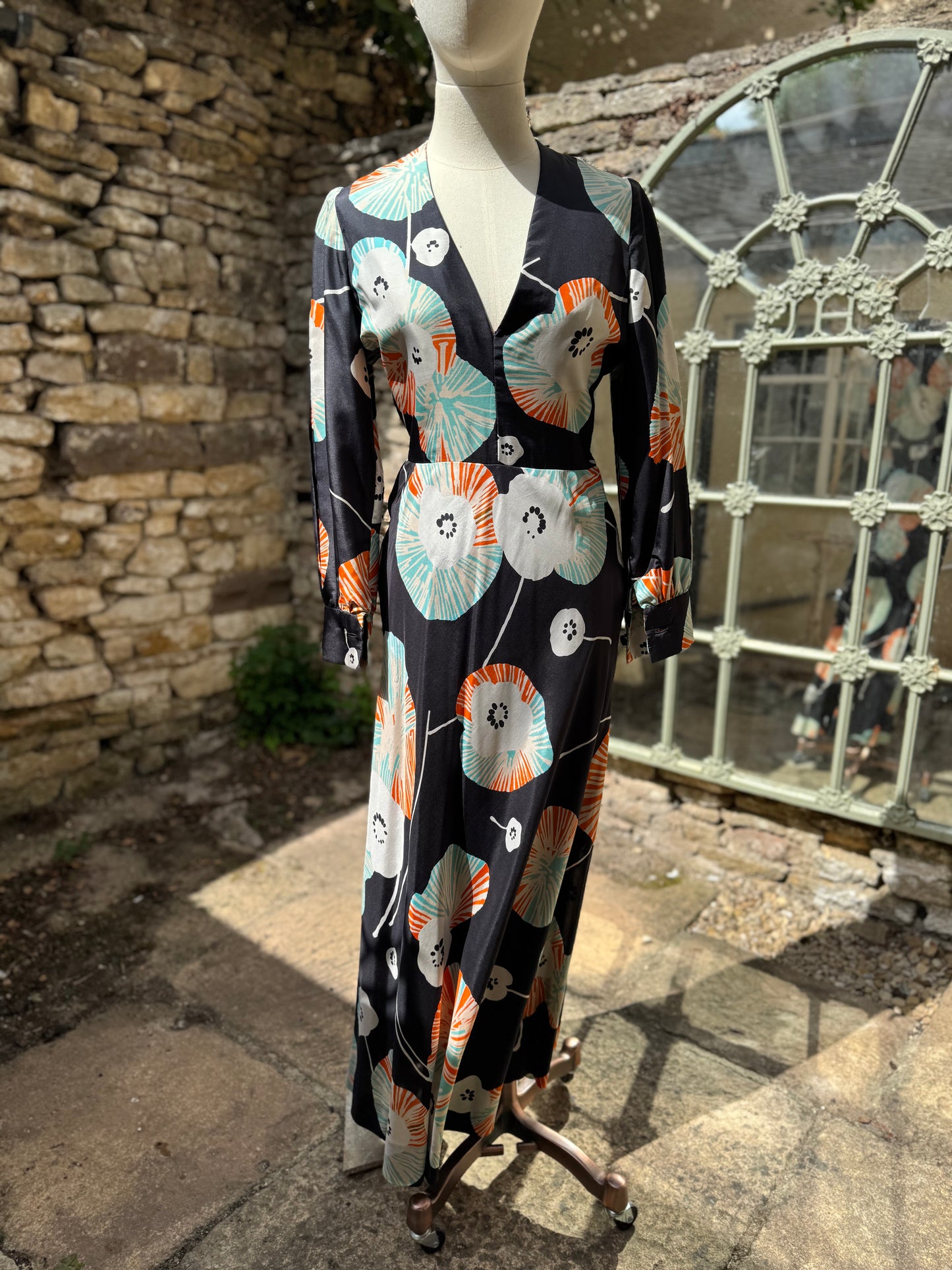 Black Silk Poppy 1960s Maxi Dress