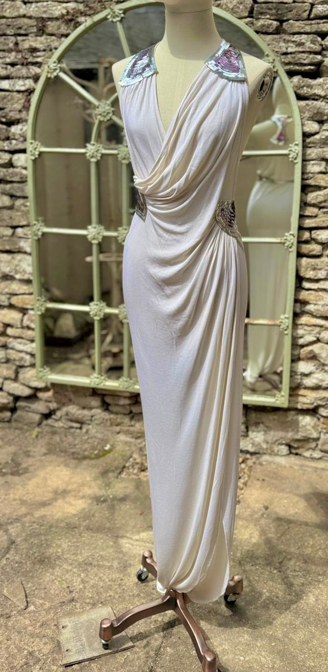 Ossie Clark 80s Racerback Sequinned White Jersey Maxi Dress
