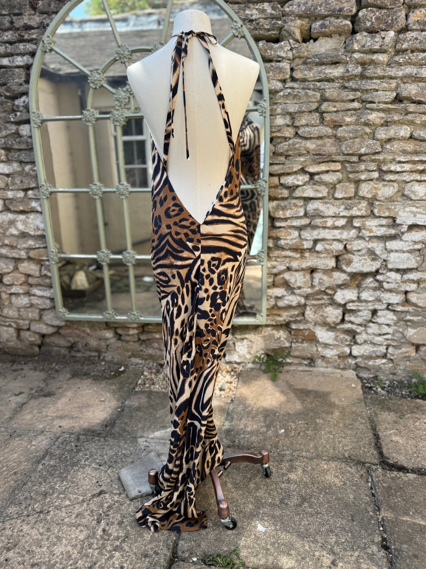 Animal Print Halterneck Bias Cut Silk Maxi Dress