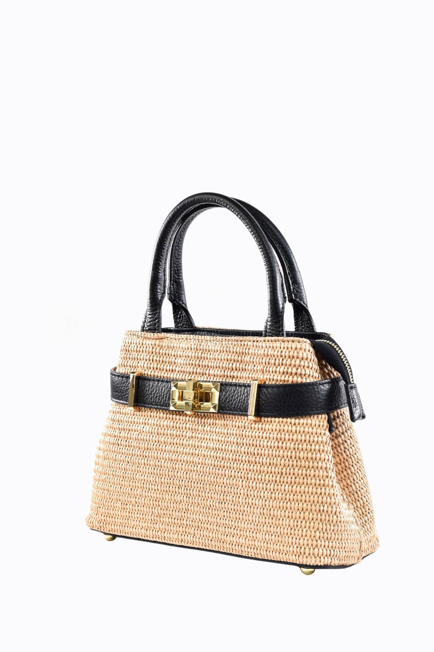 Shoulder Bag in Black Leather and Raffia