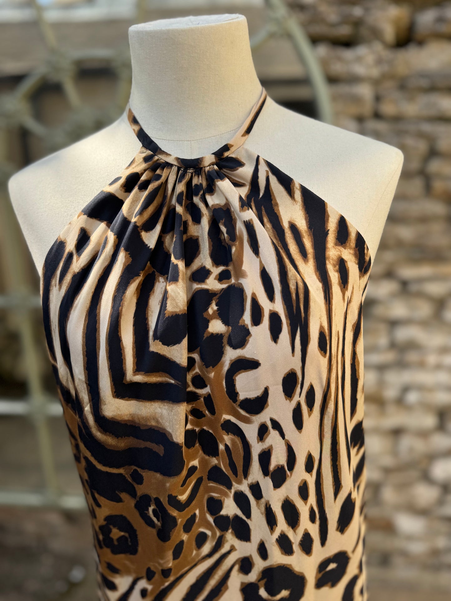 Animal Print Halterneck Bias Cut Silk Maxi Dress