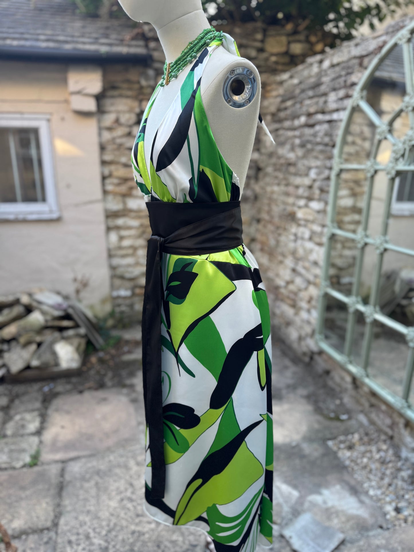 Black White Green Halterneck Satin Vintage Dress