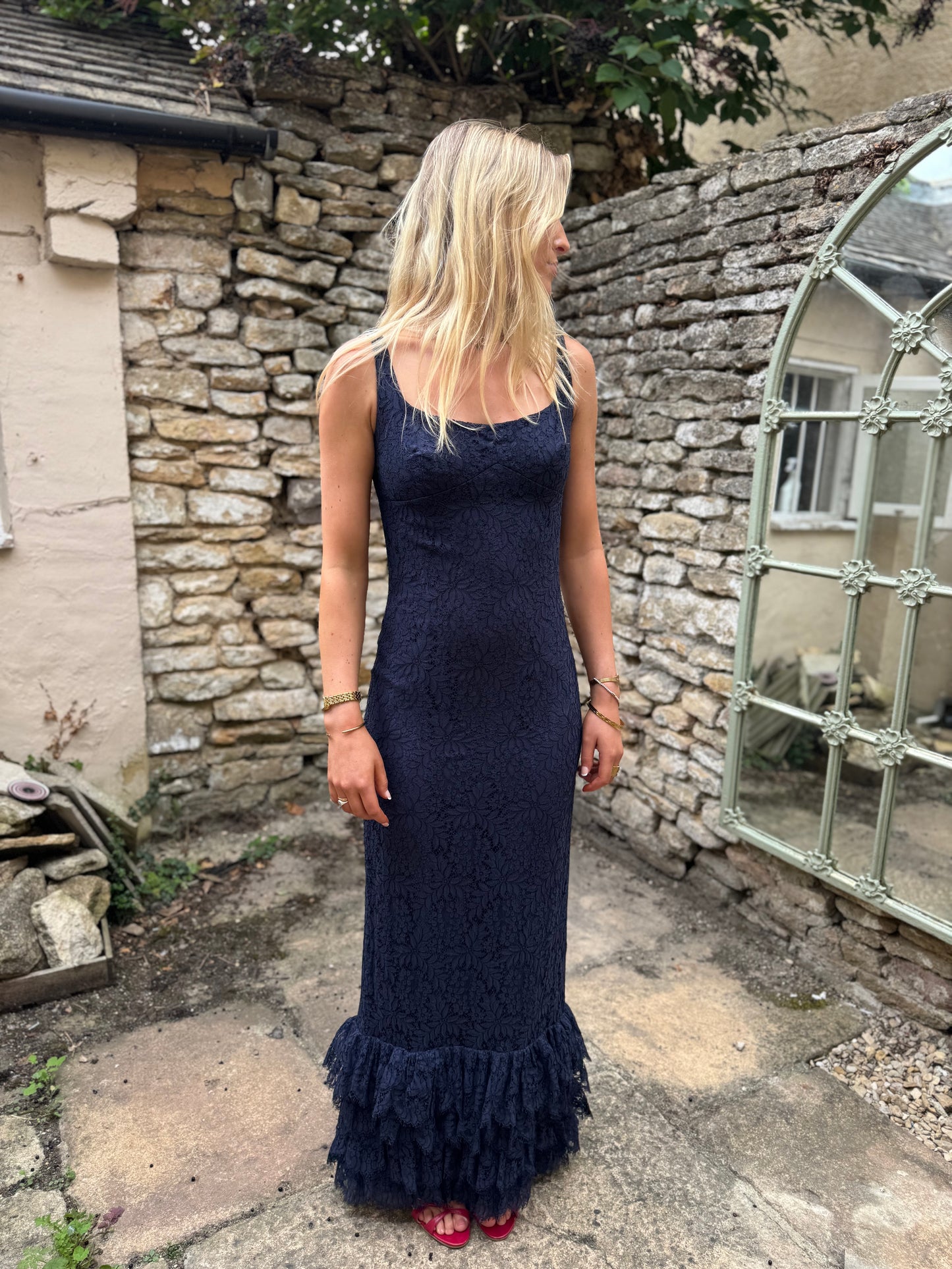 Leonard of Paris Dark Blue Ruffle Hem Dress