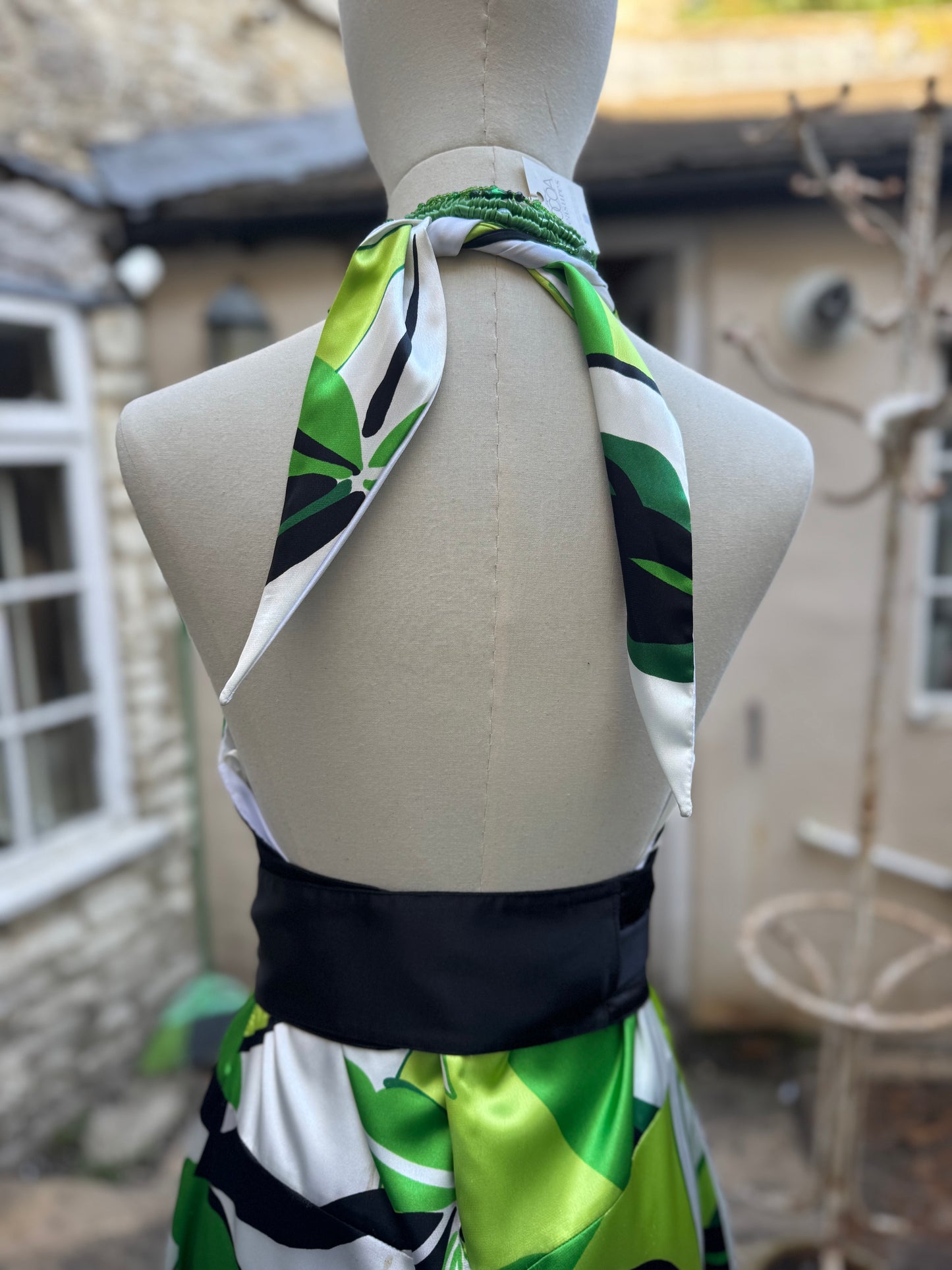 Black White Green Halterneck Satin Vintage Dress