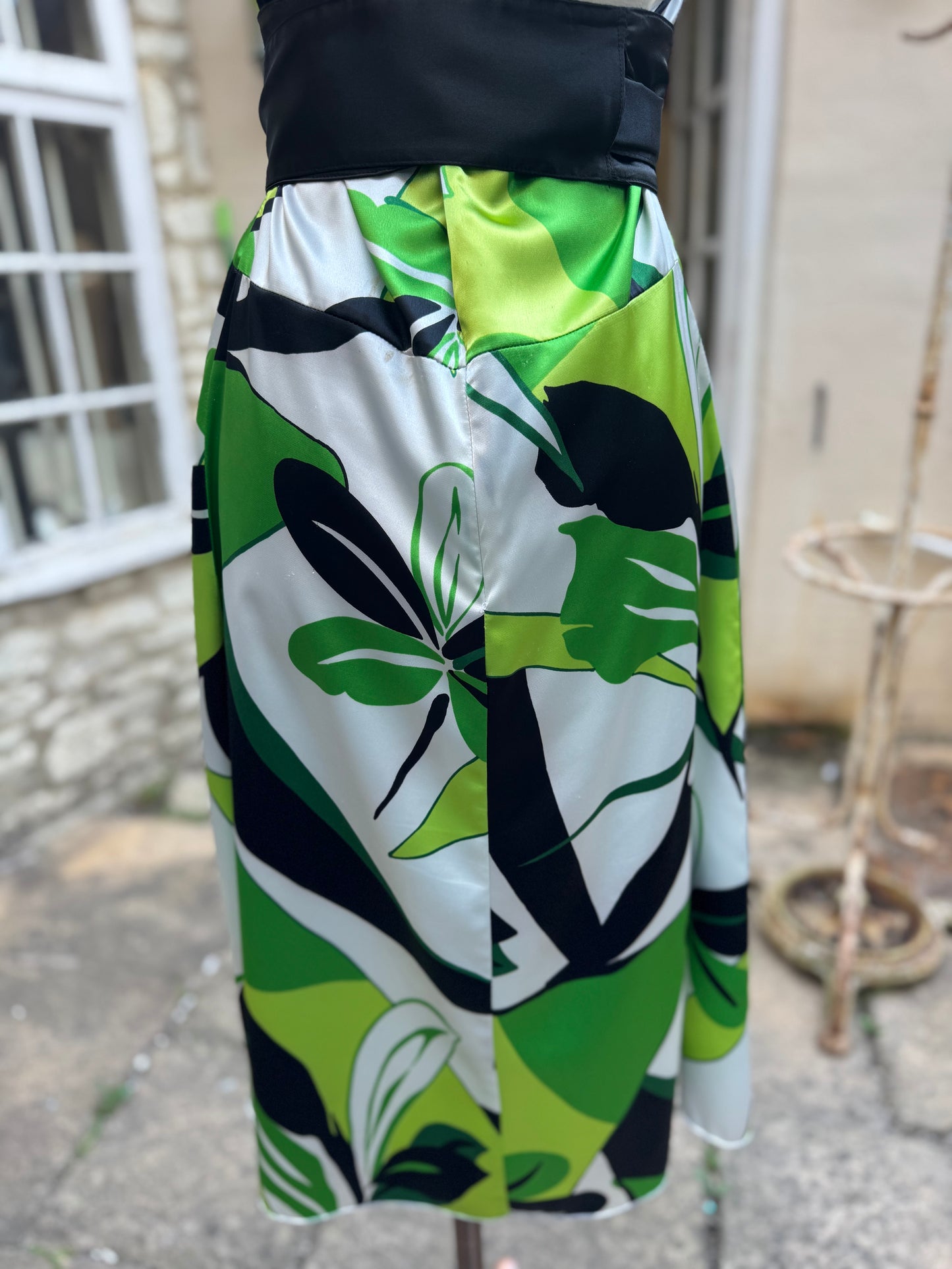 Black White Green Halterneck Satin Vintage Dress