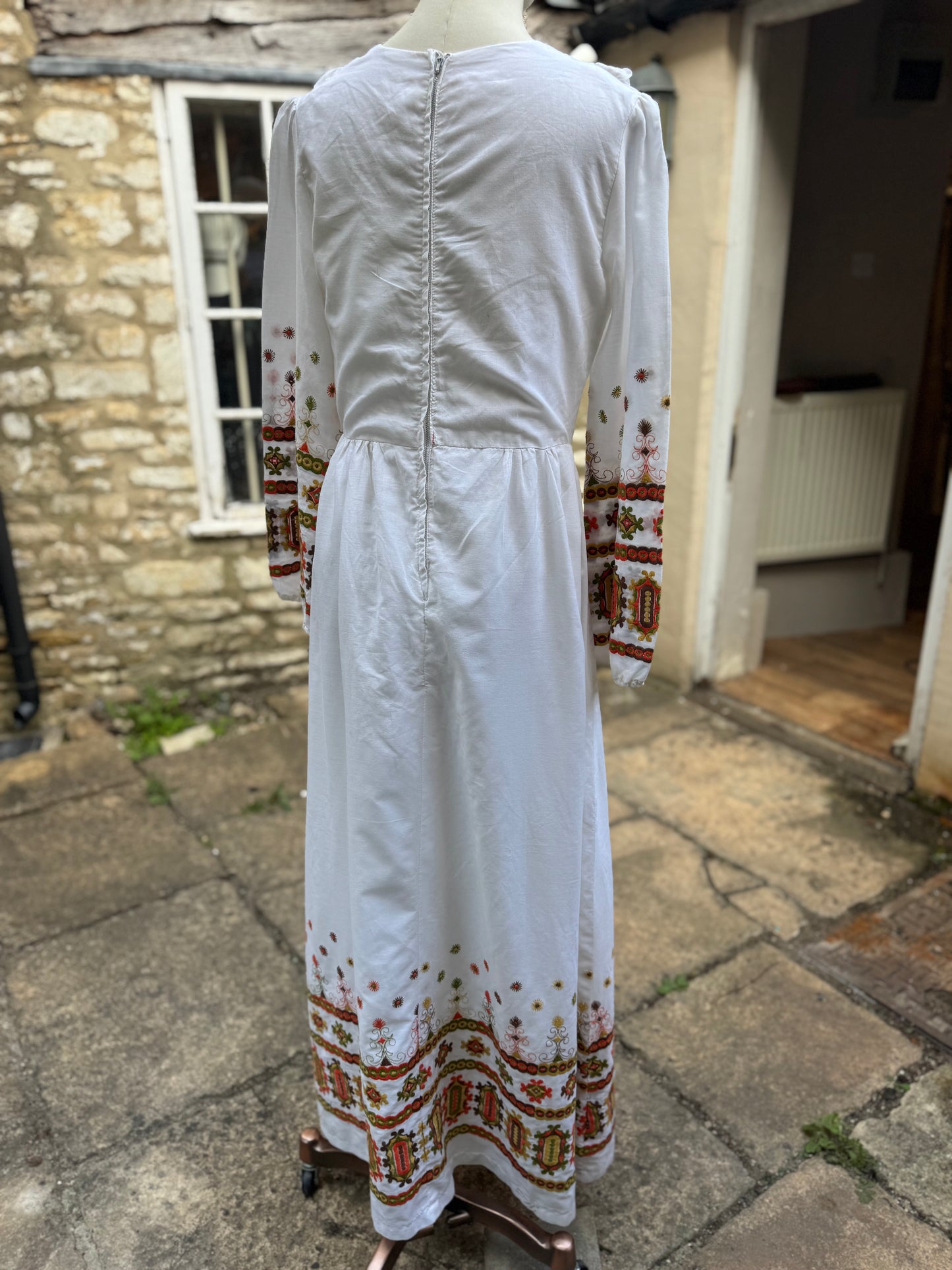 White 1970s Bohemian Embroidered Long Sleeved Maxi Dress