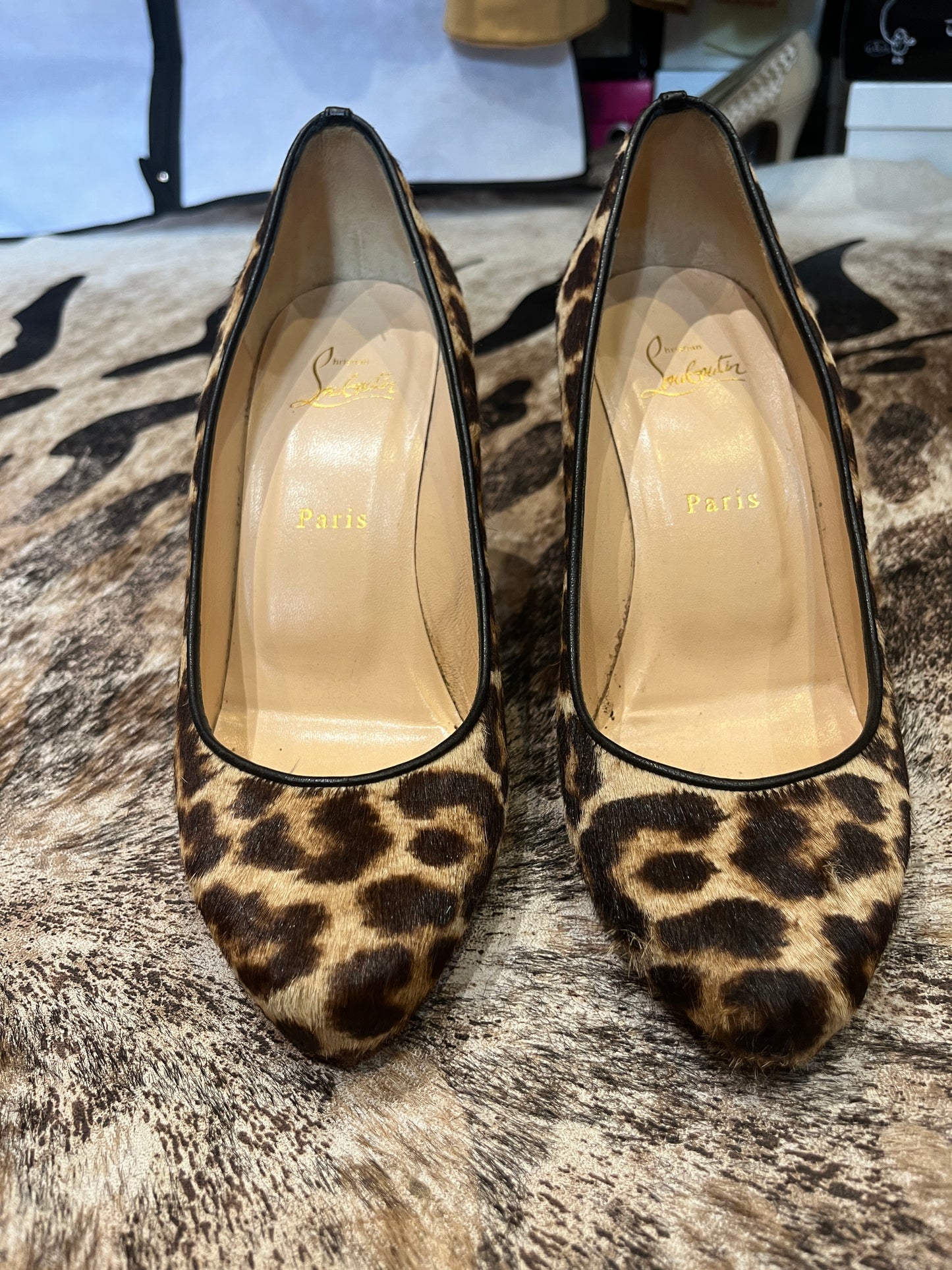 Louboutin Melissa Leopard Pony Hair Round Toe Wedge Shoes