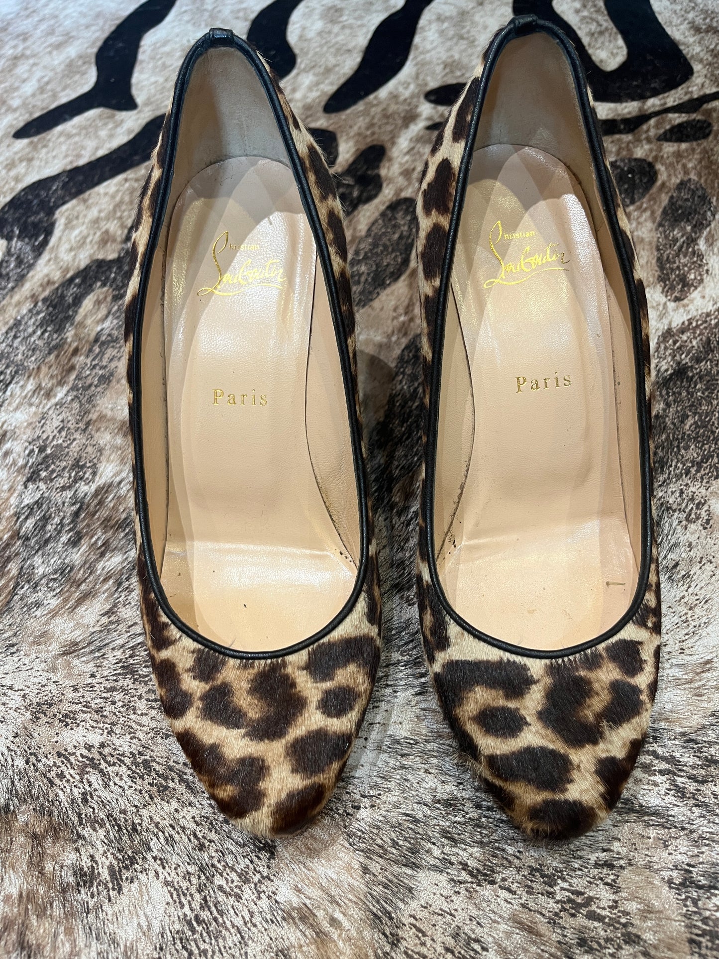 Louboutin Melissa Leopard Pony Hair Round Toe Wedge Shoes