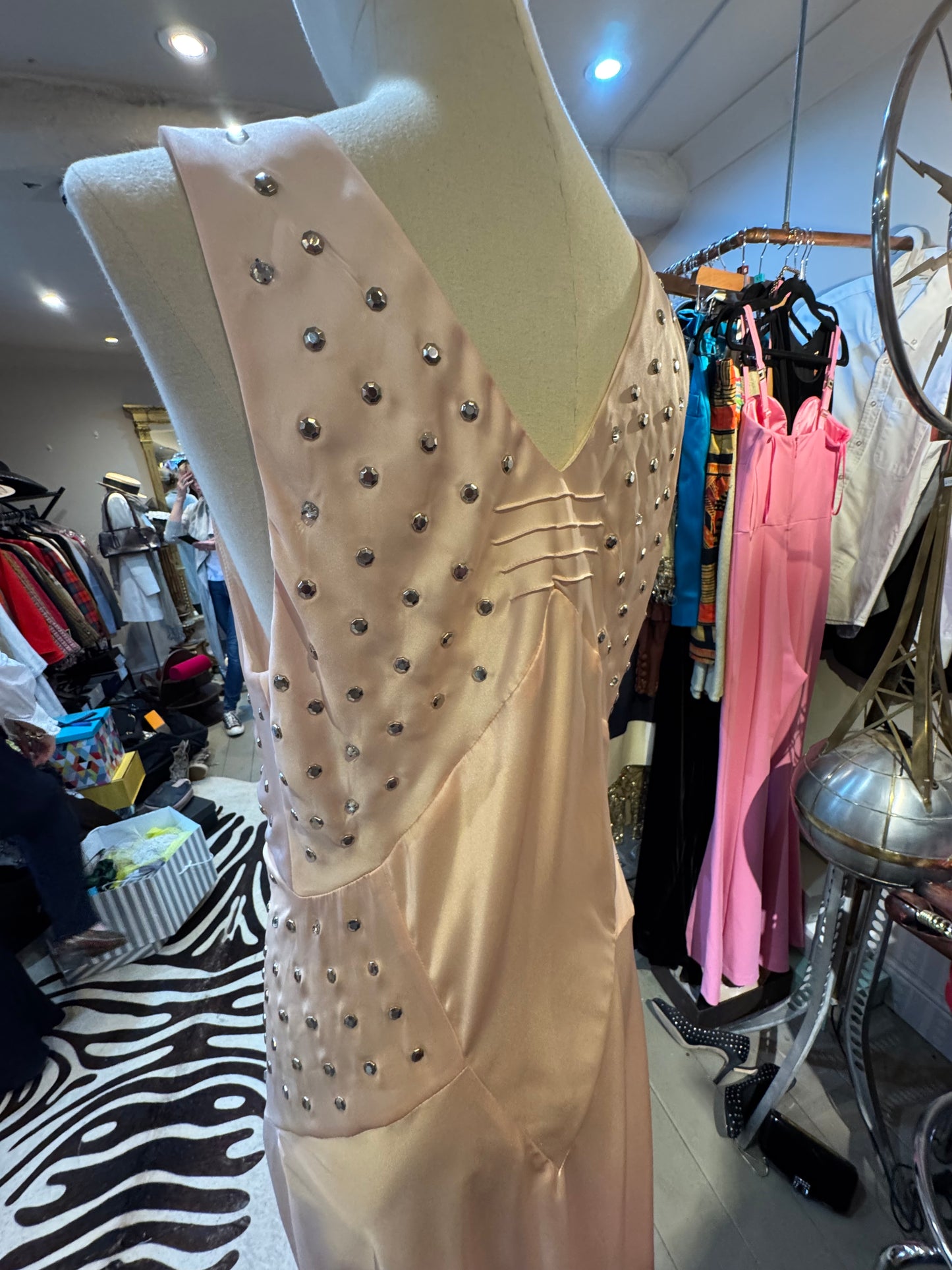 Paco Rabanne pink silk silver studded Maxi dress