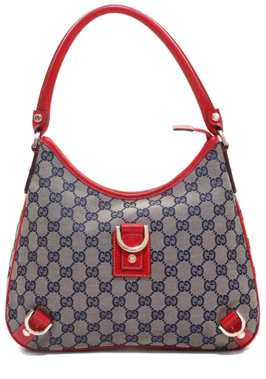Vintage Gucci Abbey D-Ring GG Navy & Red Canvas Shoulder Bag