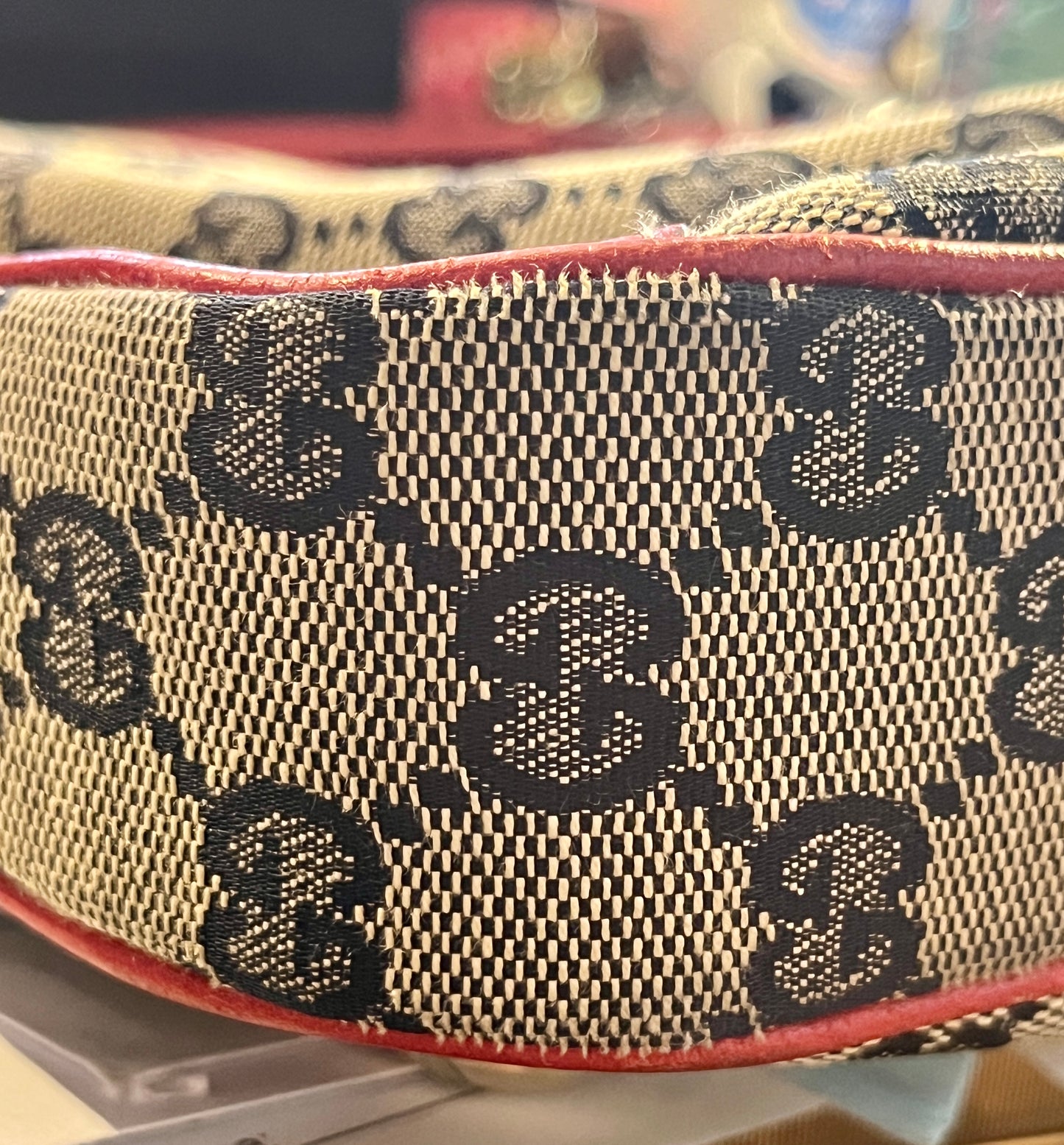 Vintage Gucci Abbey D-Ring GG Navy & Red Canvas Shoulder Bag