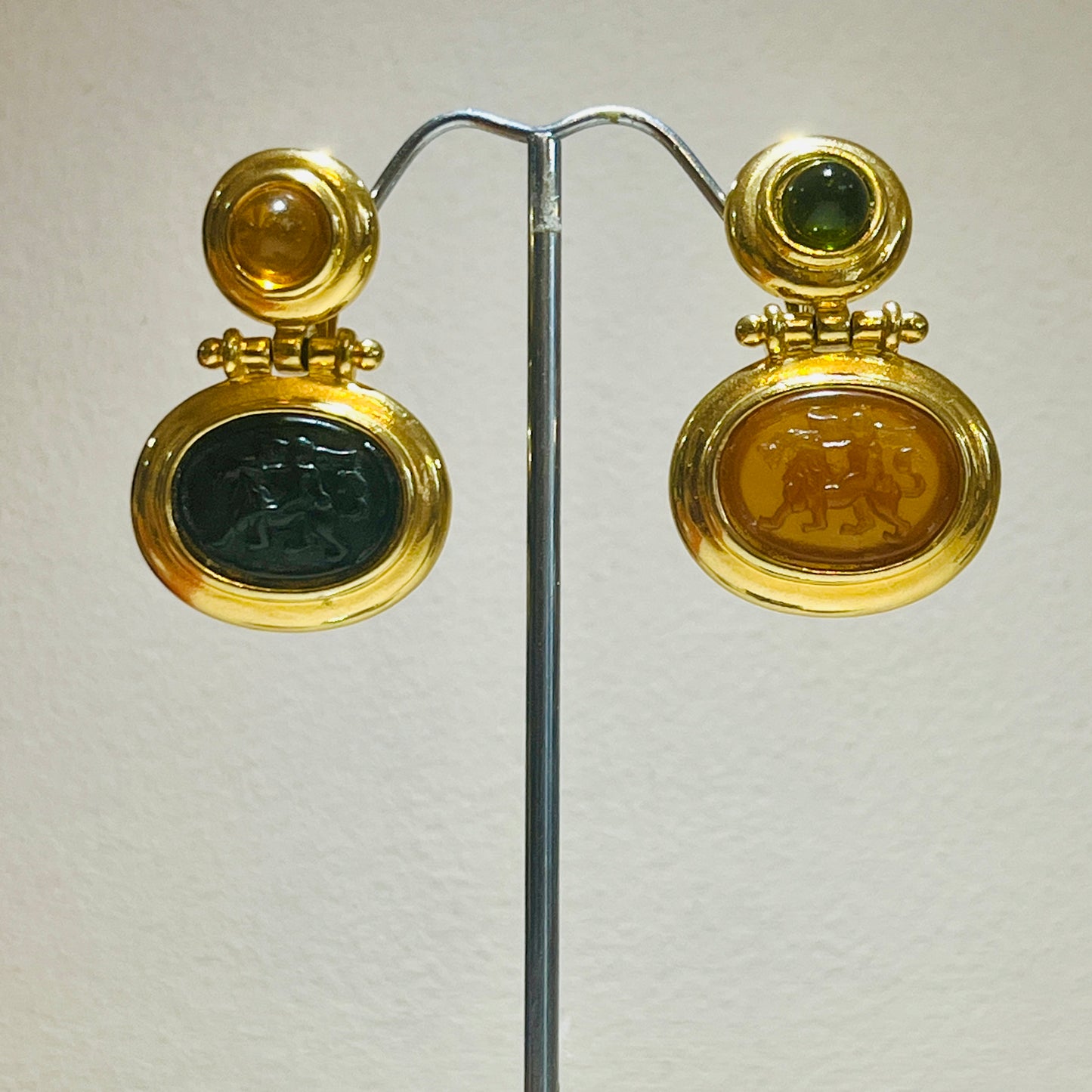 Etruscan Revival Style Carved Stone Clip On Earrings