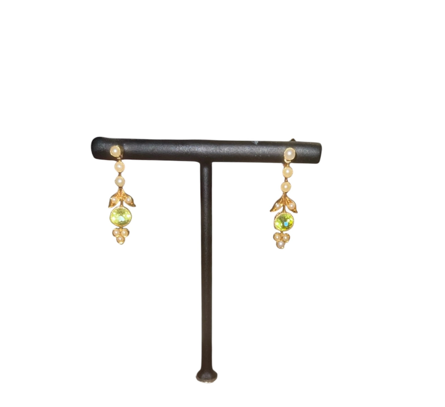Victorian 18k Gold Earrings with Peridots & Seed Pearls