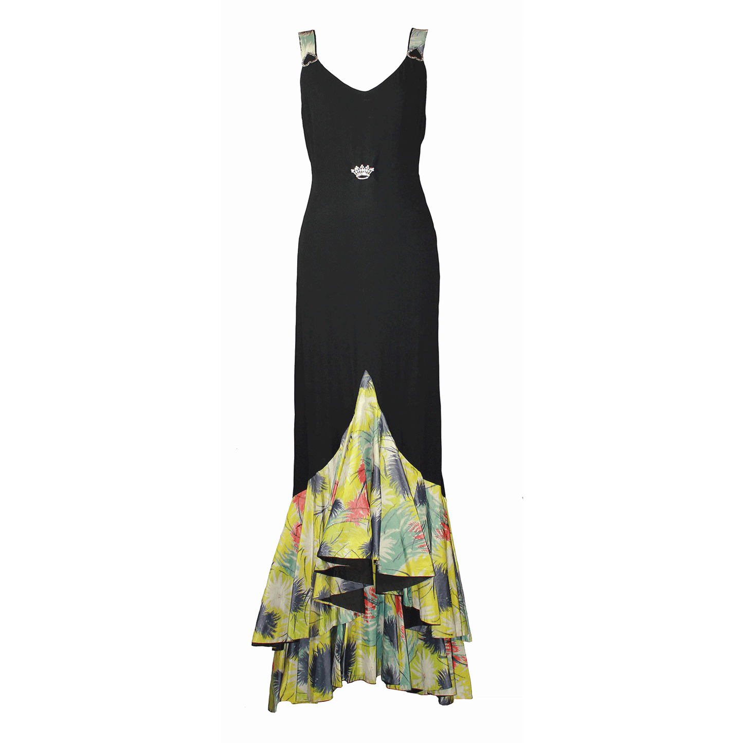 Vintage 1920s black crepe silk tropical hem evening dress.