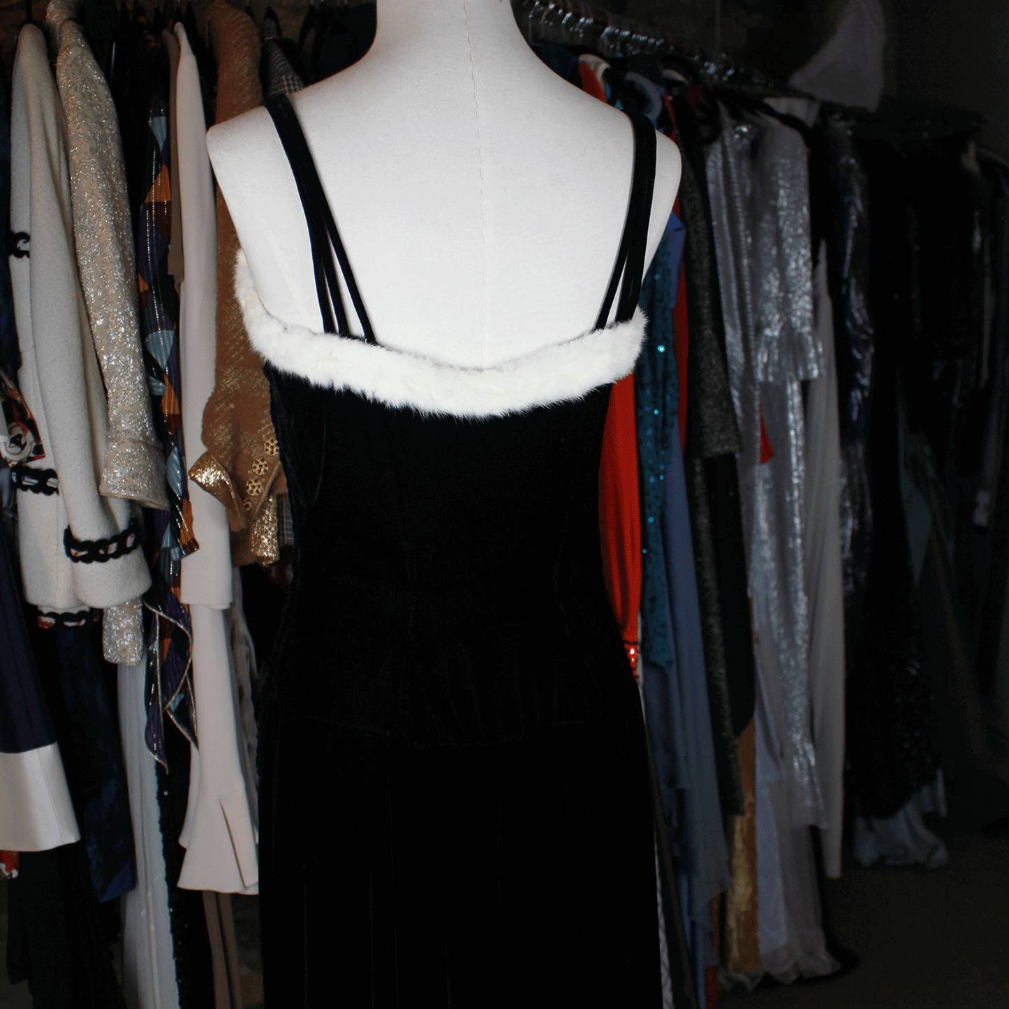 1930s Black Velvet White Fur Evening Dress