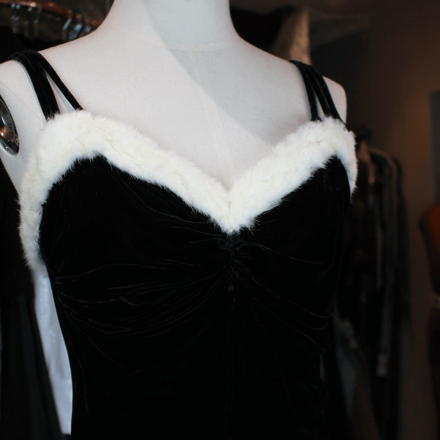 1930s Black Velvet White Fur Evening Dress