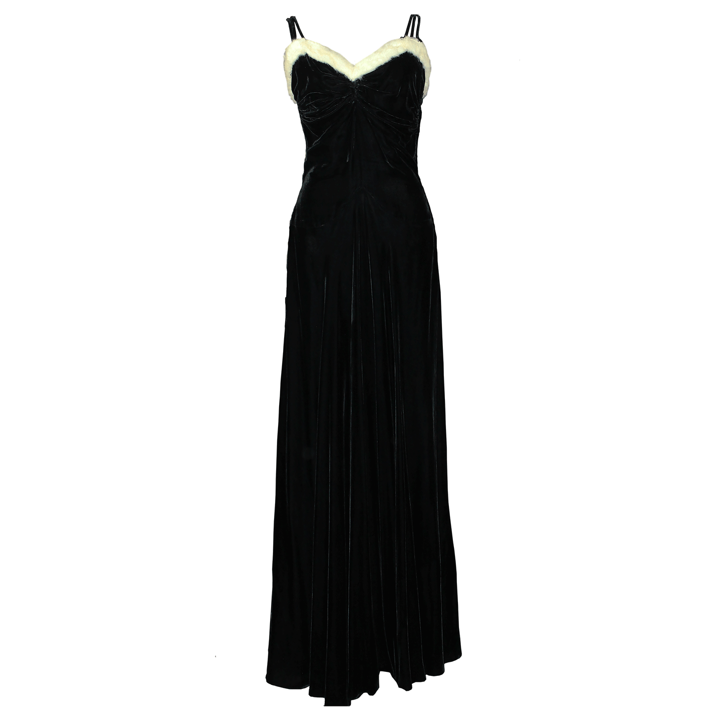 1930s Black Velvet White Fur Evening Dress