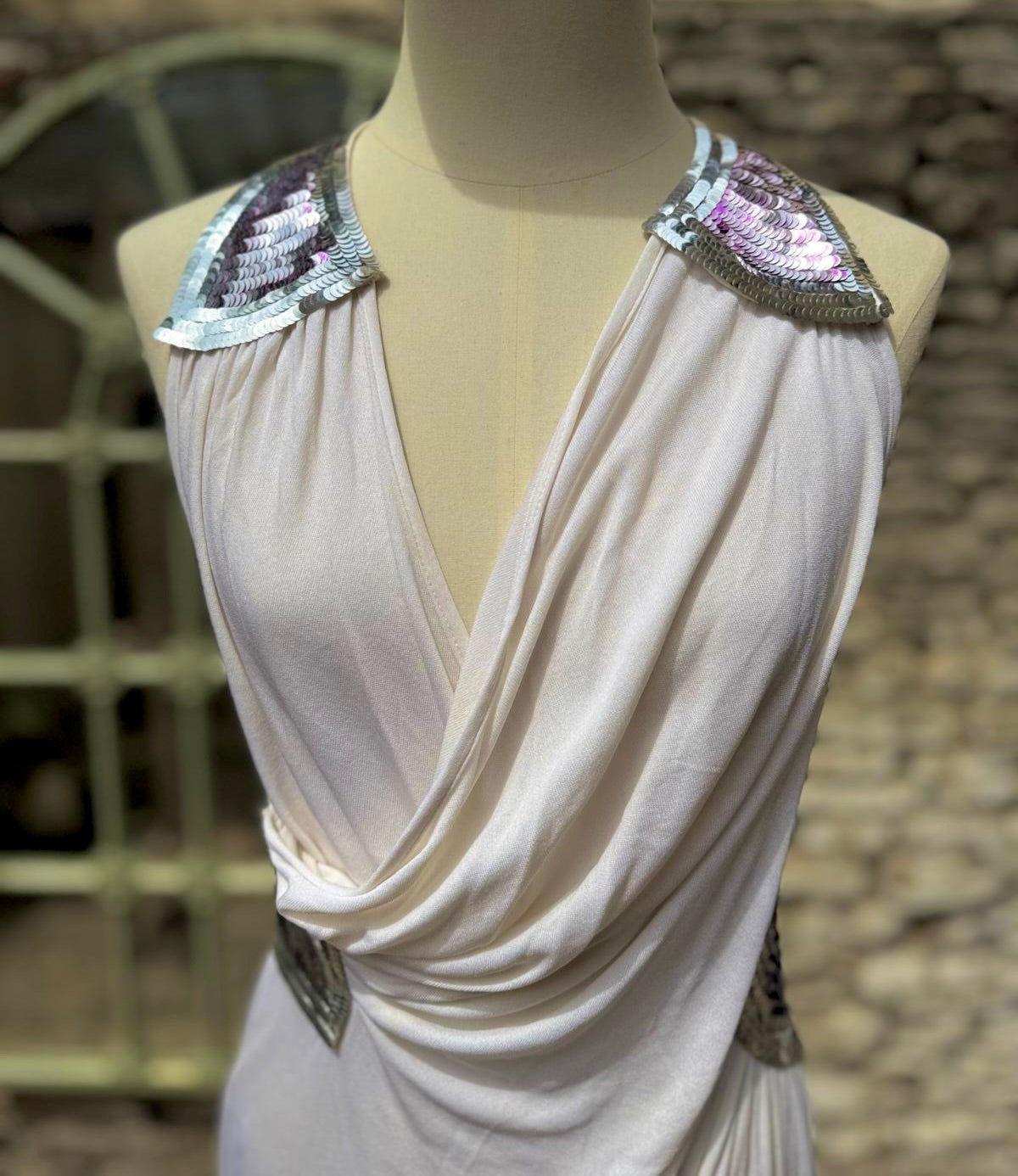 Ossie Clark 80s Racerback Sequinned White Jersey Maxi Dress