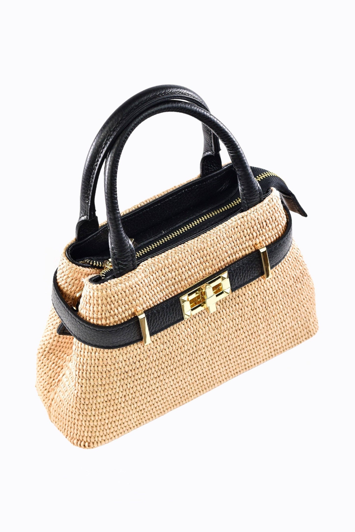 Shoulder Bag in Black Leather and Raffia