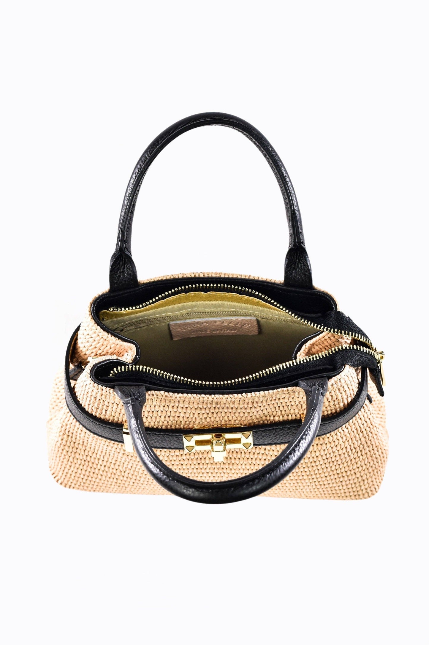 Shoulder Bag in Black Leather and Raffia