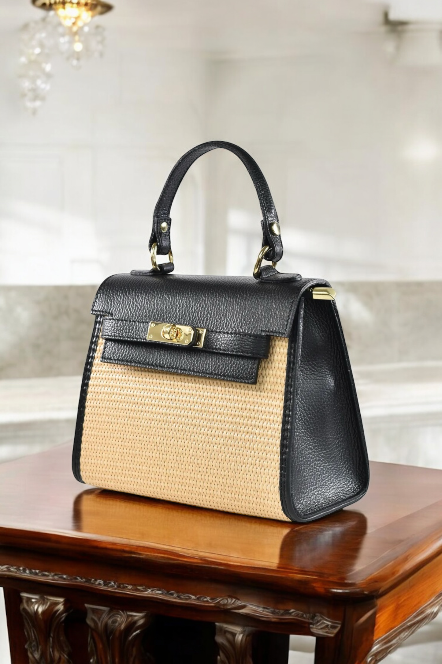 Tan Leather and Raffia Crossbody Bag