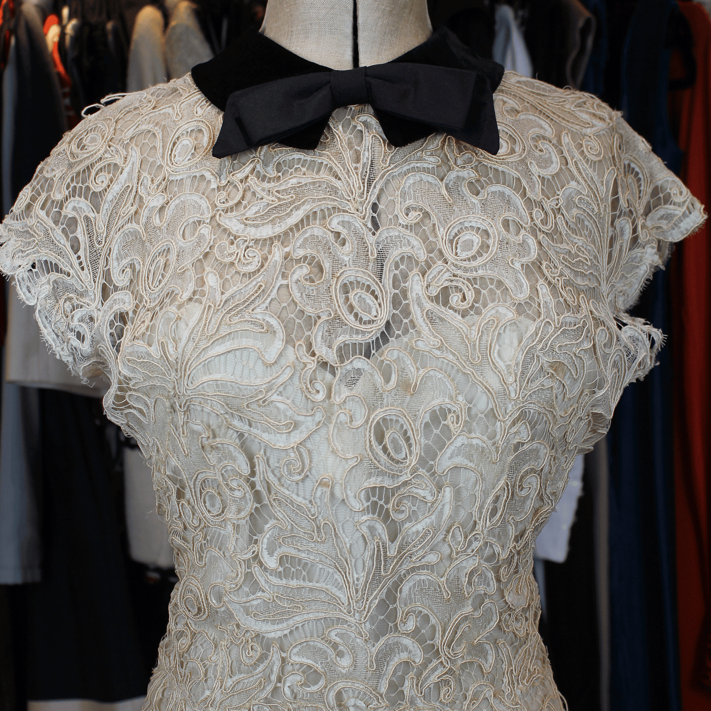Christian Dior 1950s New Look Dress In Black satin and cream Lace
