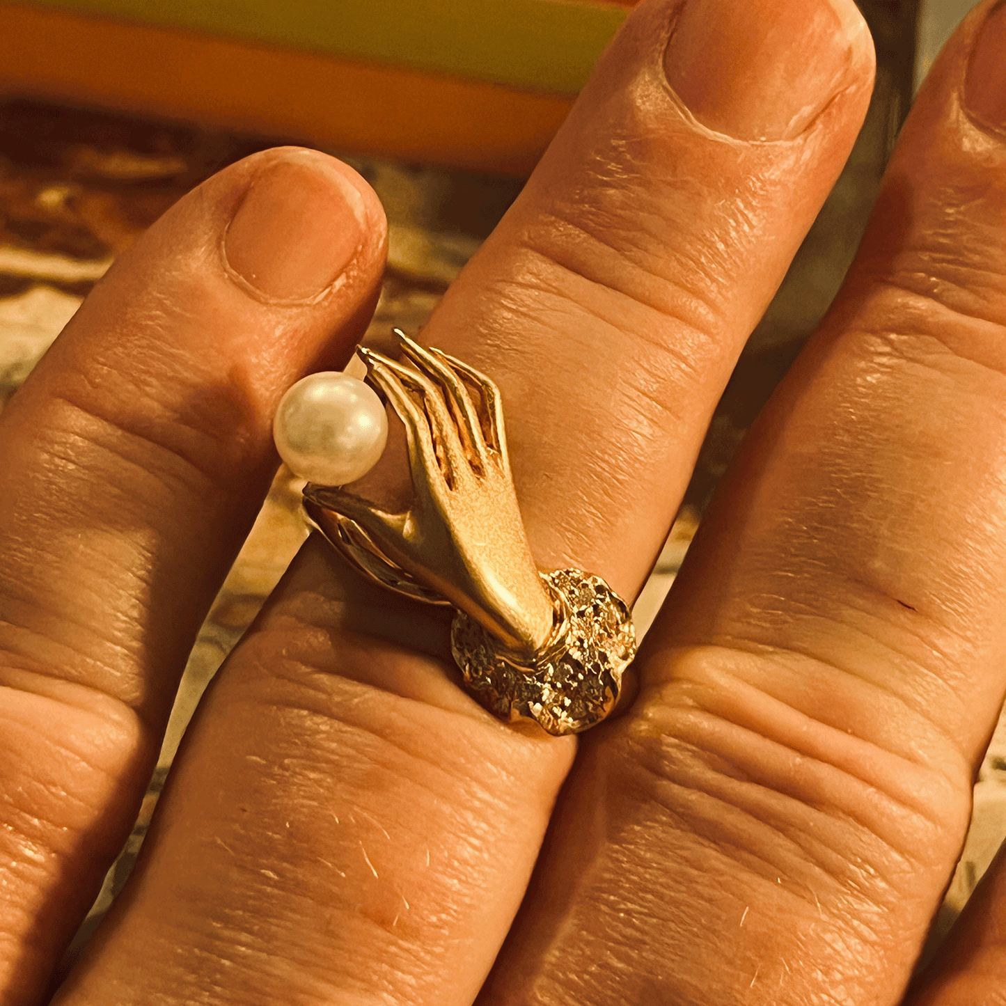 Pearl and 18K Gold Hand Ring