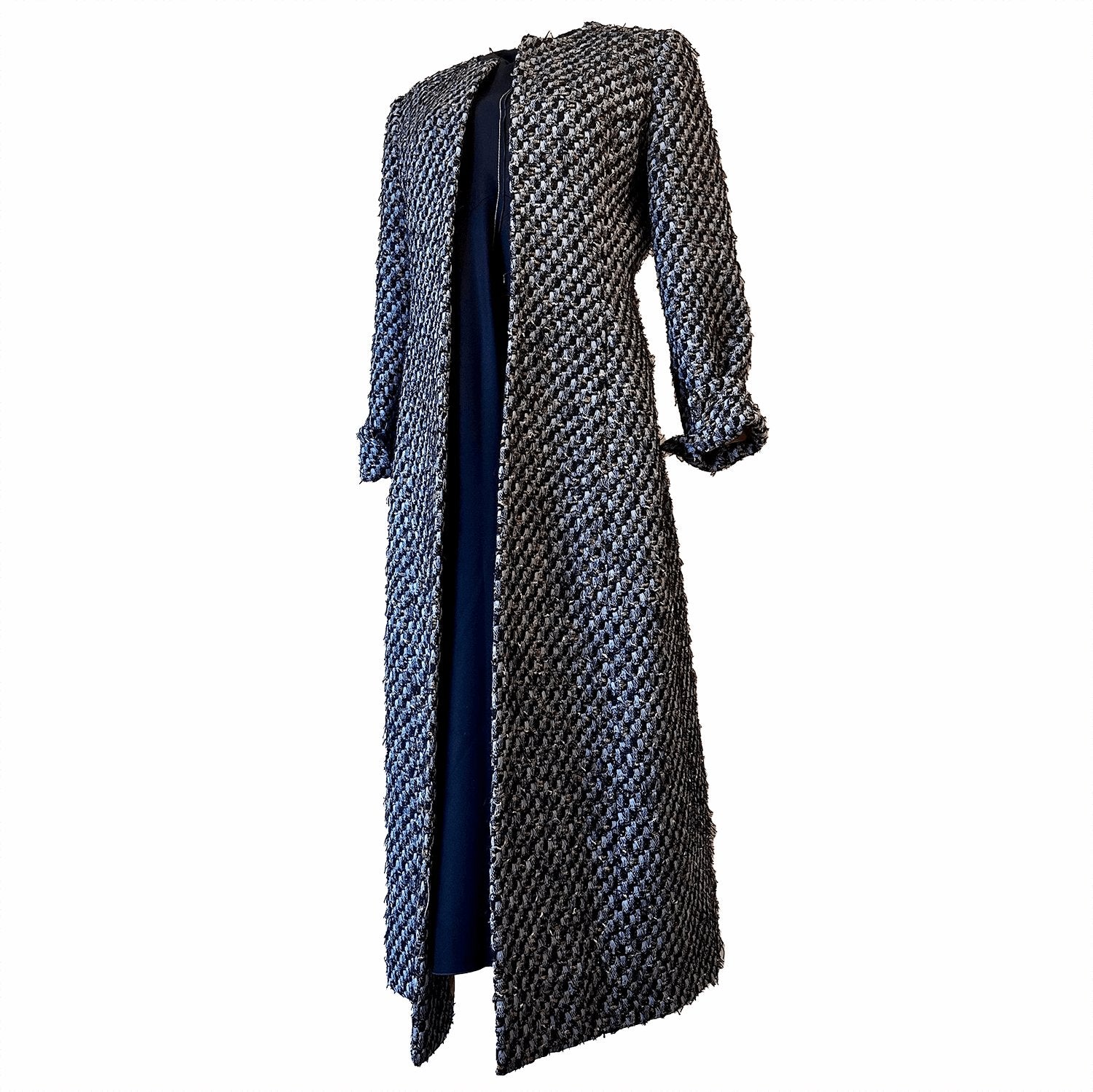 Hand made British tailored basketweave long grey women's coat.