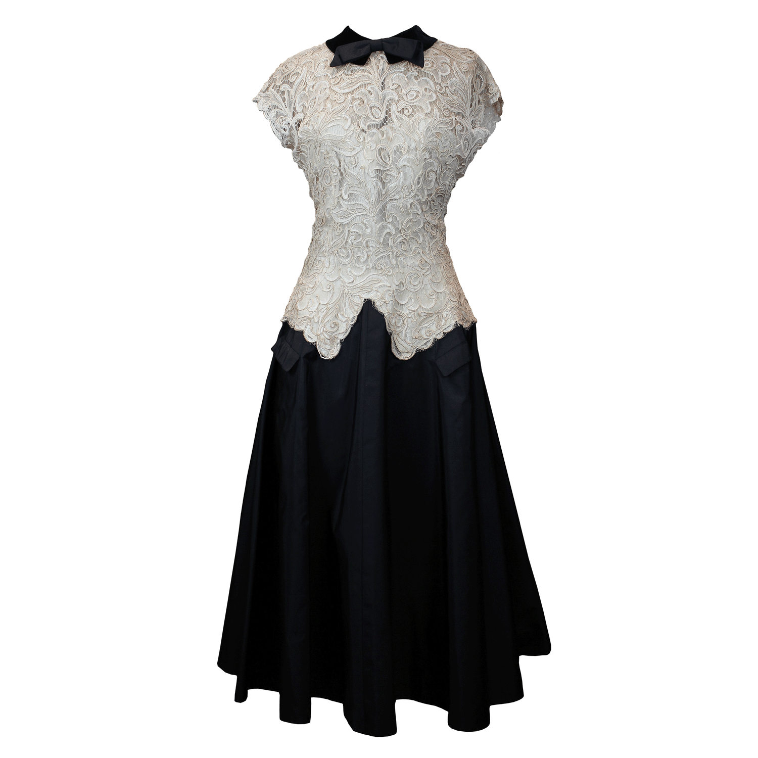 Christian Dior vintage lace white and black dress with black bow high neckline.