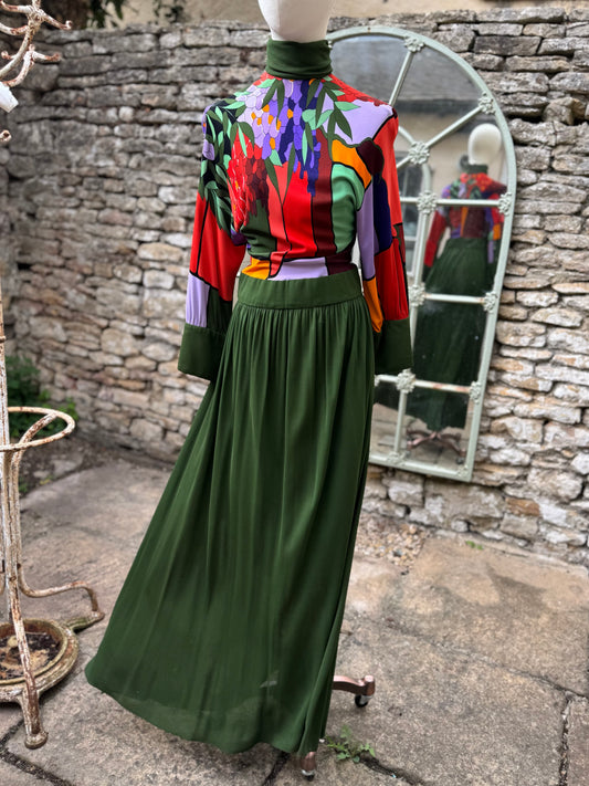 Roland Klein for Marcel Fenez Silk Jersey Print Maxi Dress 1970s