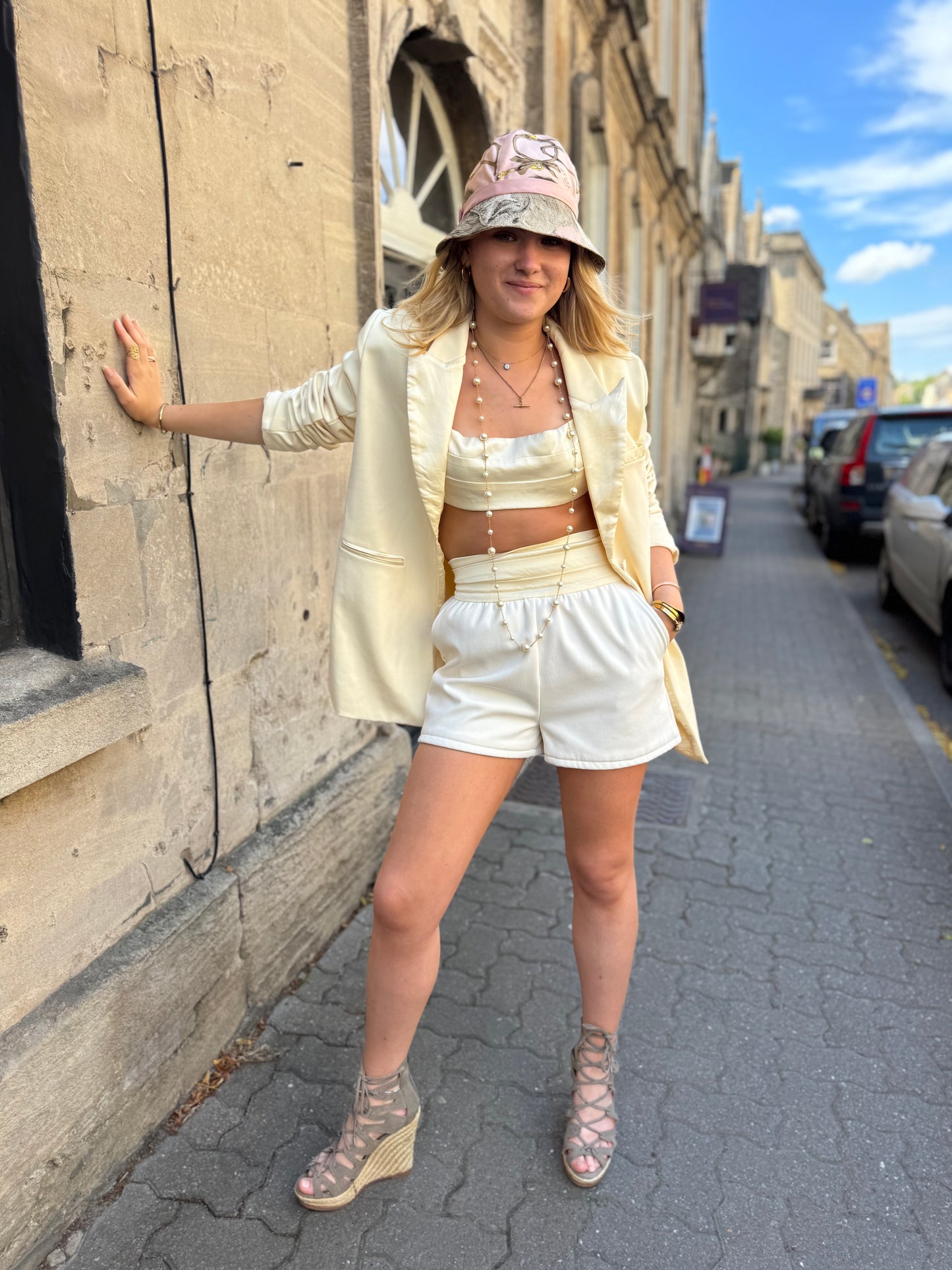 Cream 3 Piece Silk Satin Short Suit