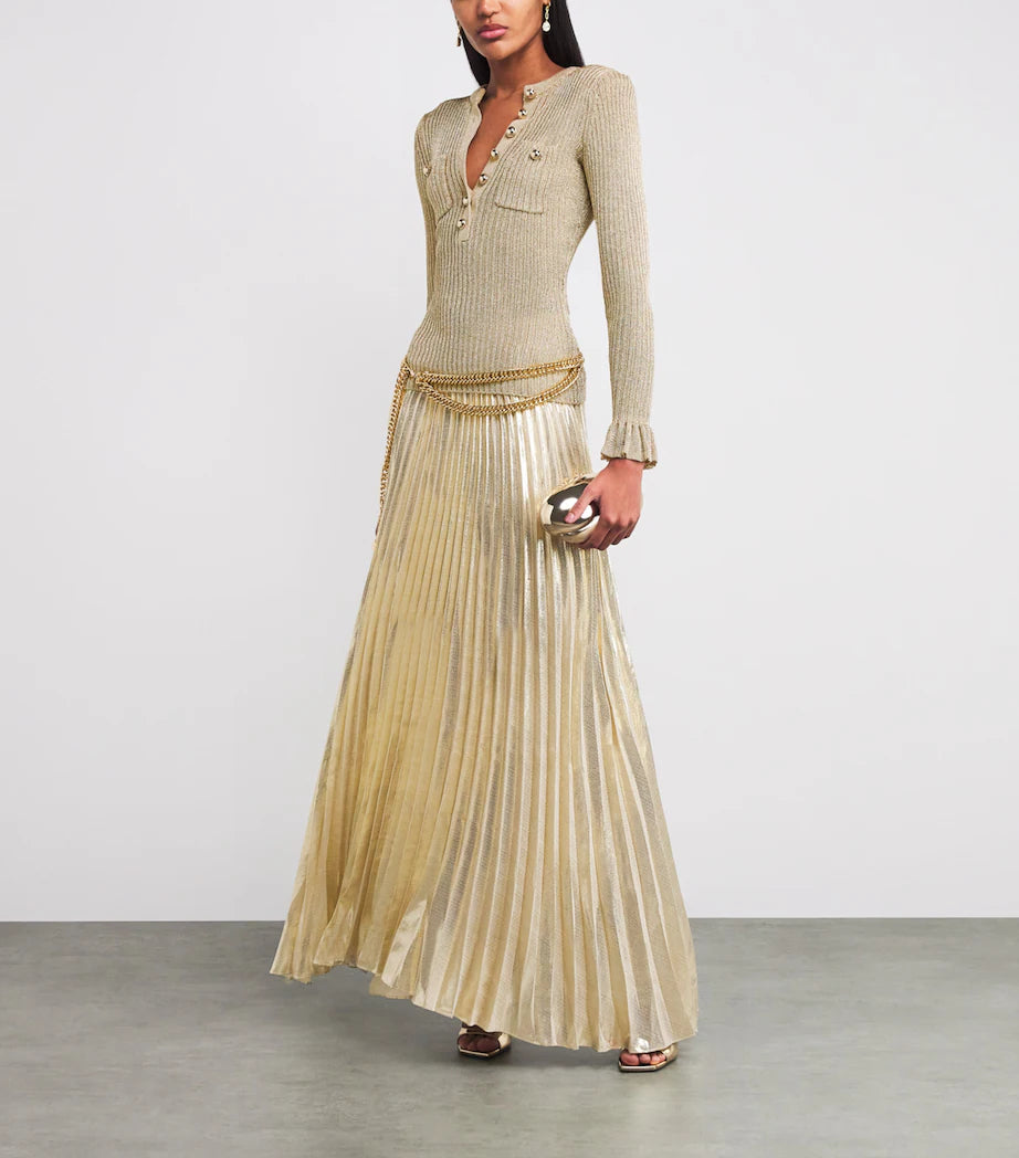 Self Portrait Gold Lurex Ribbed Knit Maxi Dress Petite Small