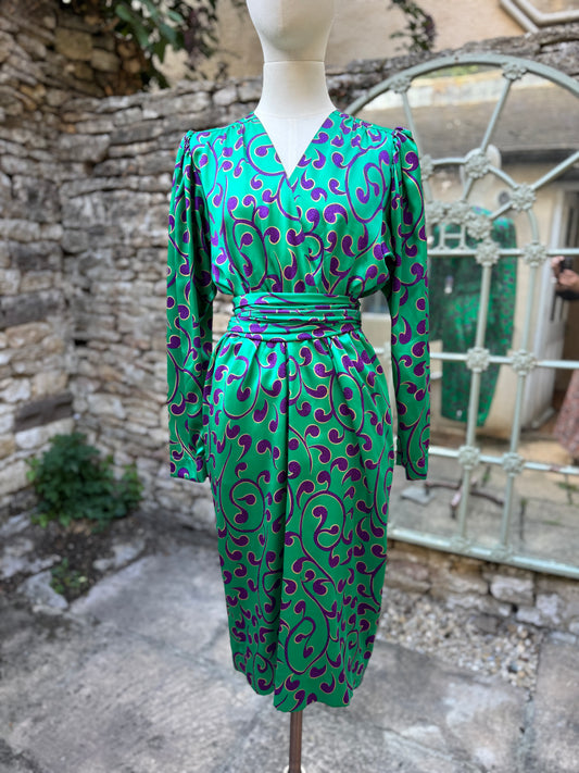 Vintage 1980s Yves Saint Laurent Rive Gauche Silk Dress – Rare Print