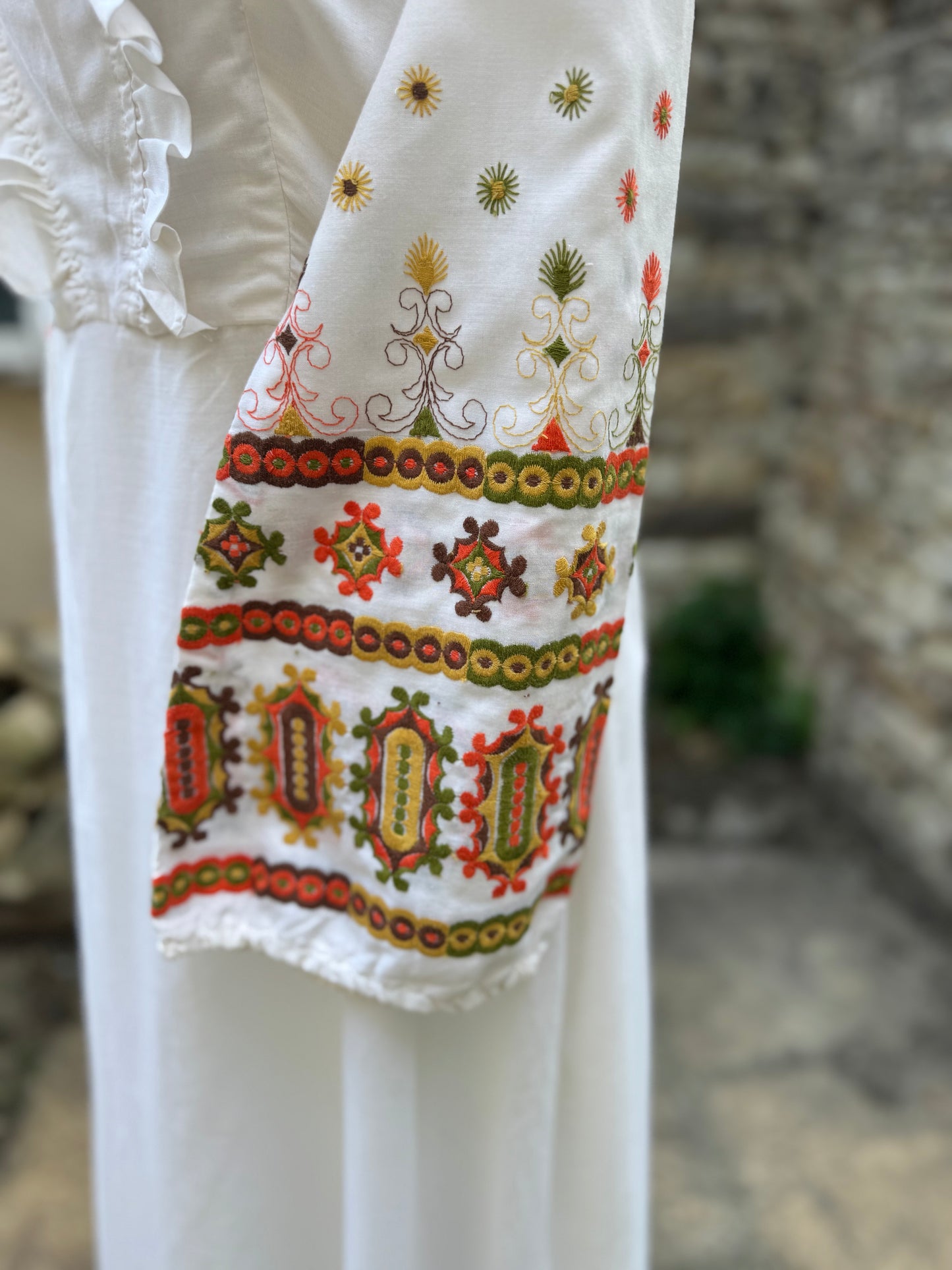 White 1970s Bohemian Embroidered Long Sleeved Maxi Dress