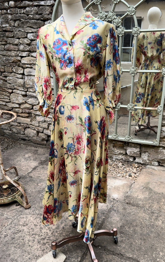 1940s Floral Silk Tea Dress