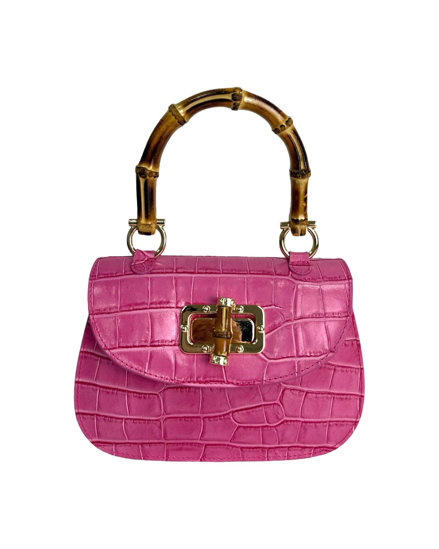 Bamboo Handle Bag in  Red Brushed Leather with Crocodile Print