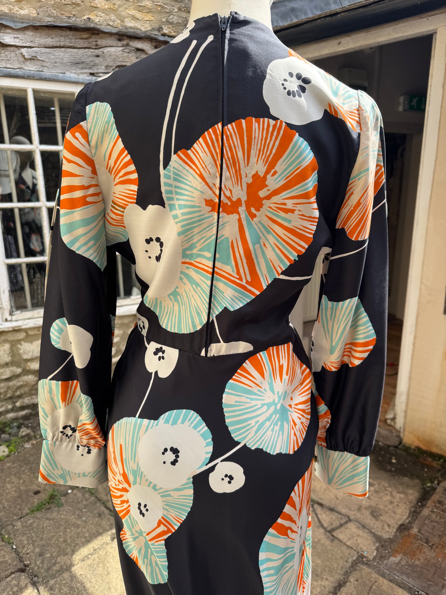 Black Silk Poppy 1960s Maxi Dress