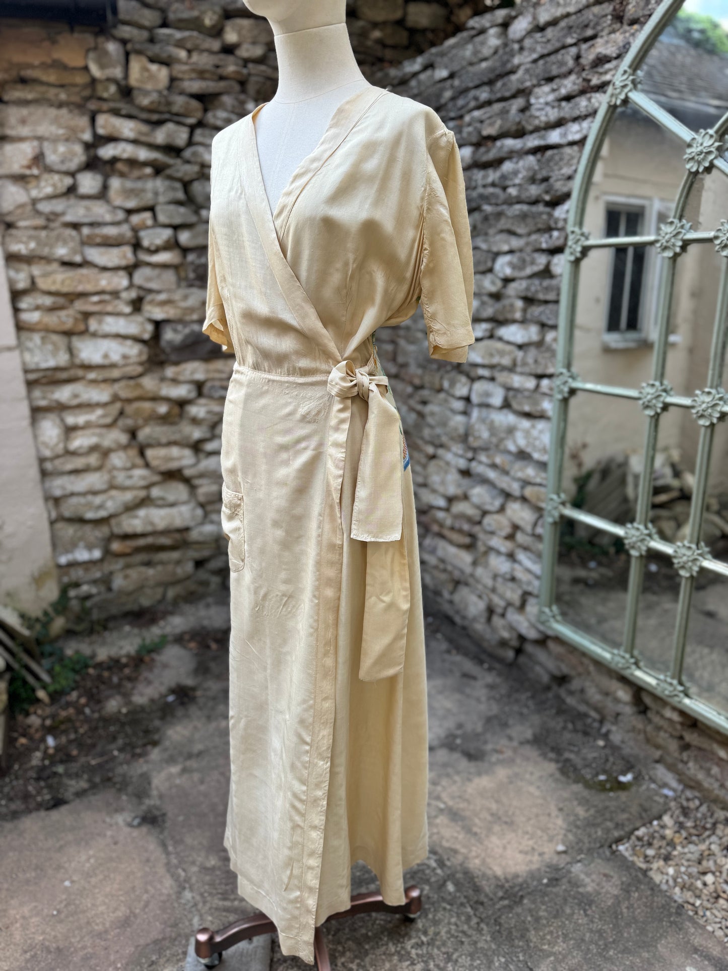 1940s Embroidered Raw Silk Wrap Dress