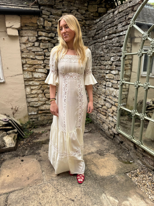 Cream cotton 1970s Maxi Dress