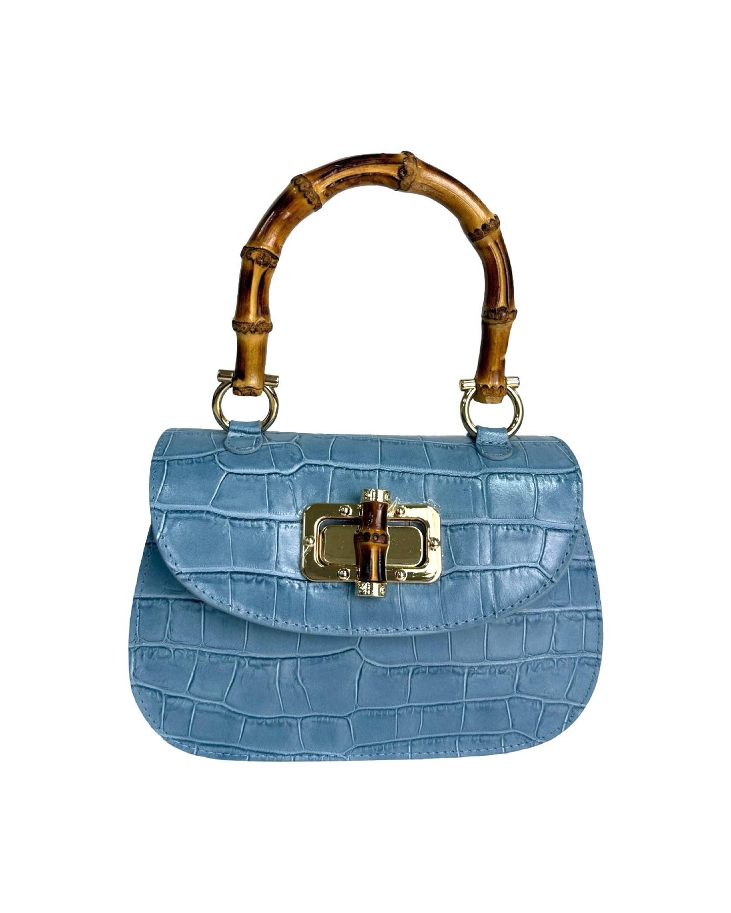 Bamboo Handle Bag in  Red Brushed Leather with Crocodile Print