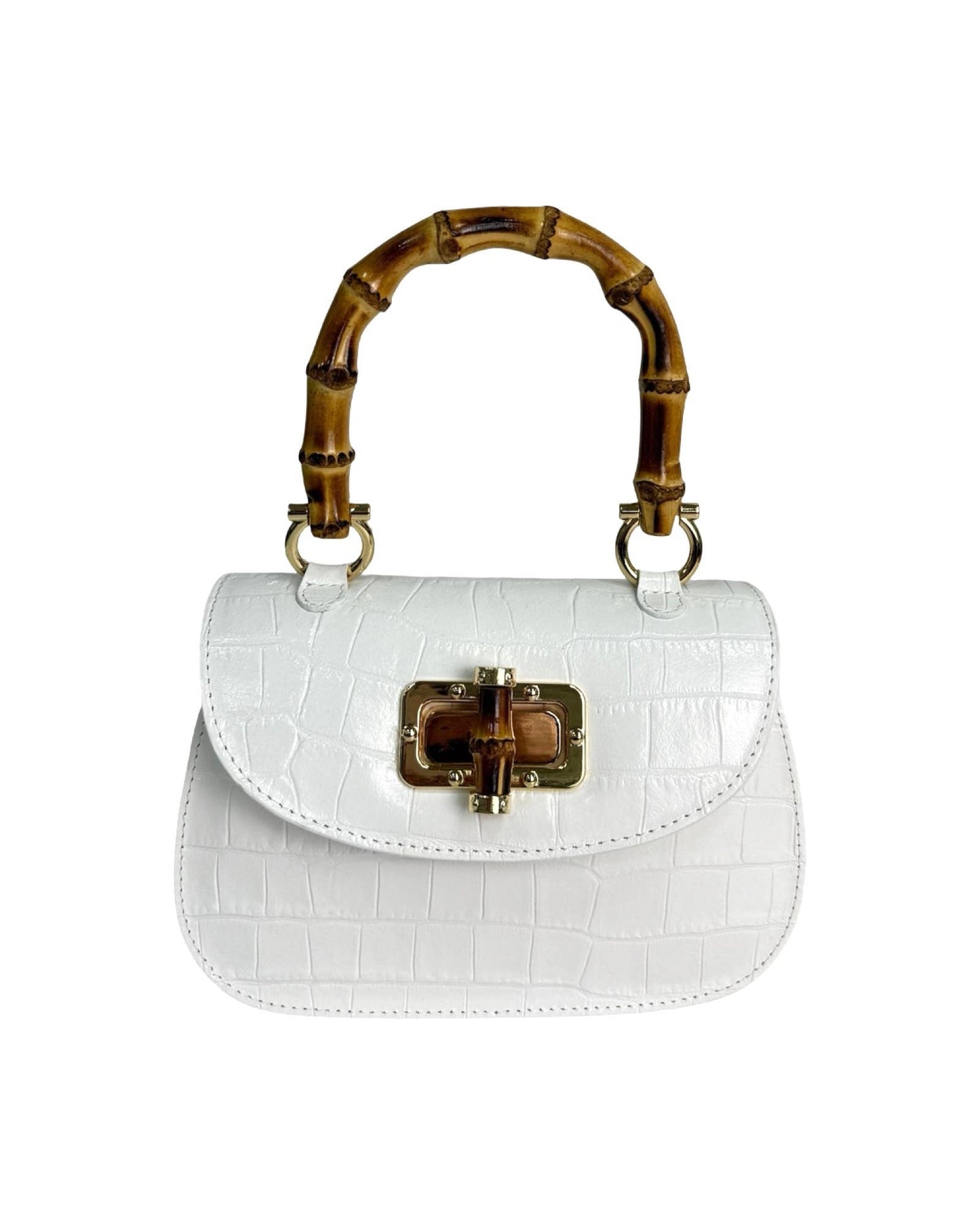 Bamboo Handle Bag in  Red Brushed Leather with Crocodile Print
