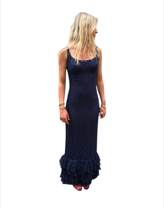 Leonard of Paris Dark Blue Ruffle Hem Dress