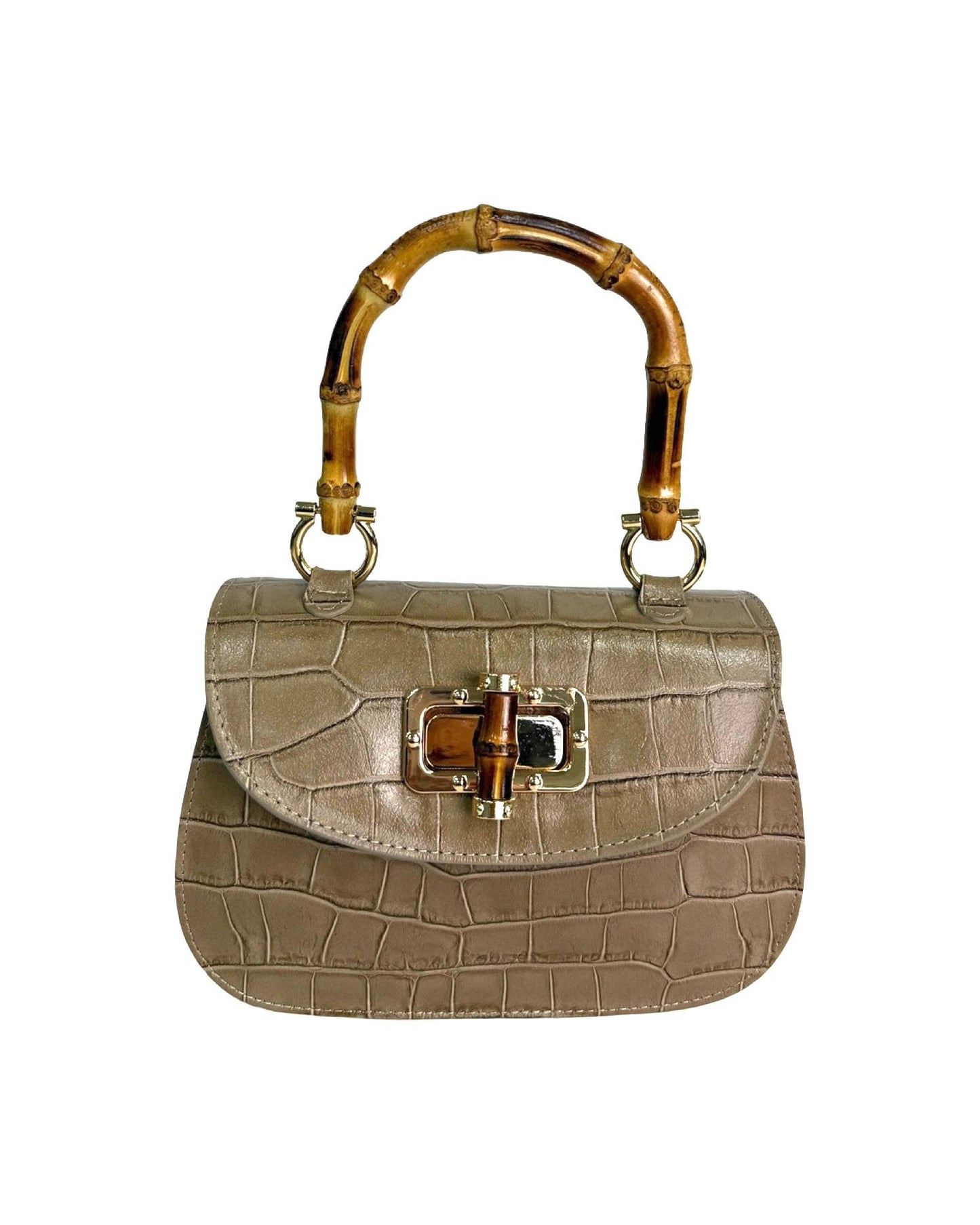 Bamboo Handle Bag in  Red Brushed Leather with Crocodile Print