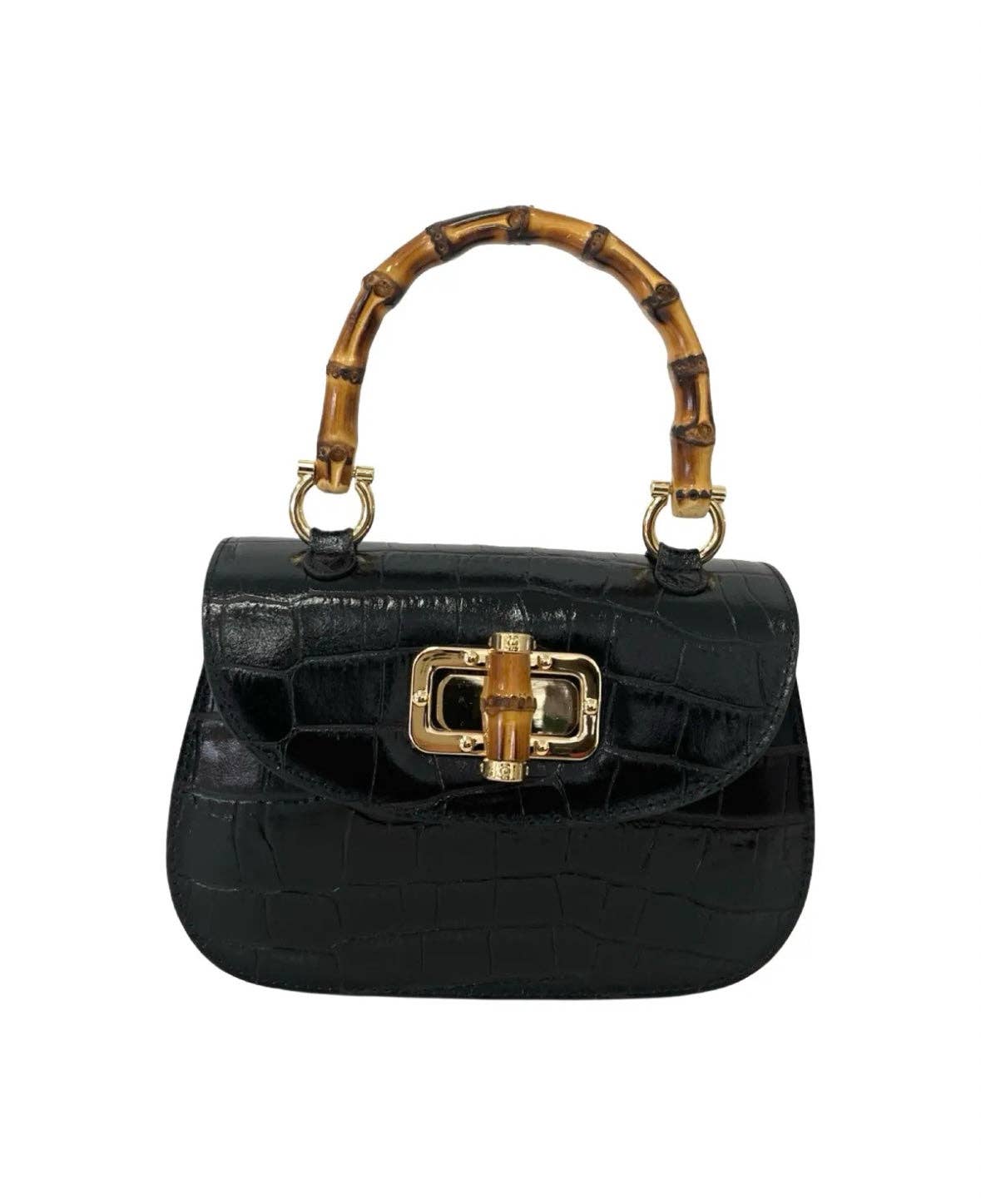 Bamboo Handle Bag in  Red Brushed Leather with Crocodile Print