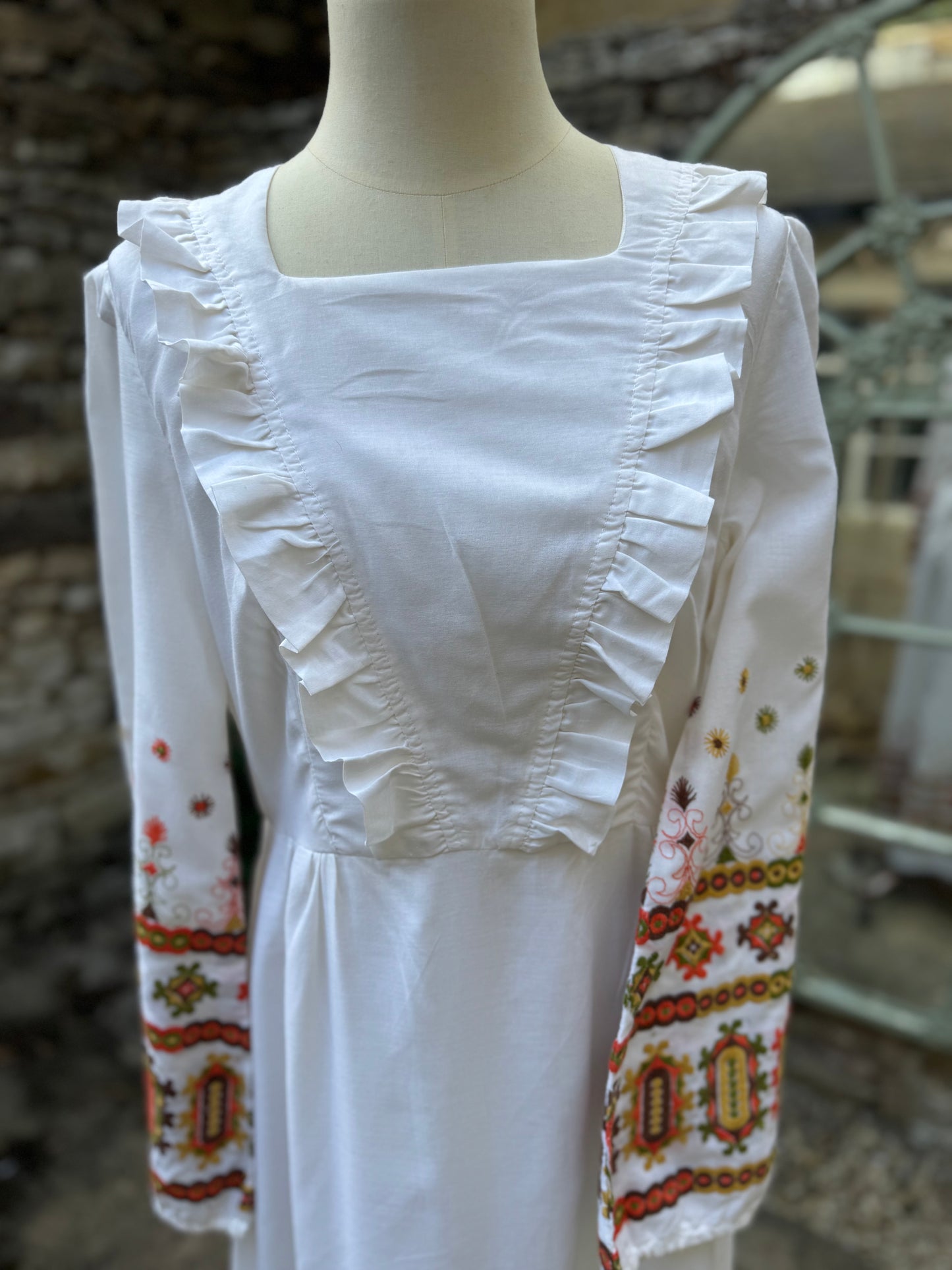 White 1970s Bohemian Embroidered Long Sleeved Maxi Dress